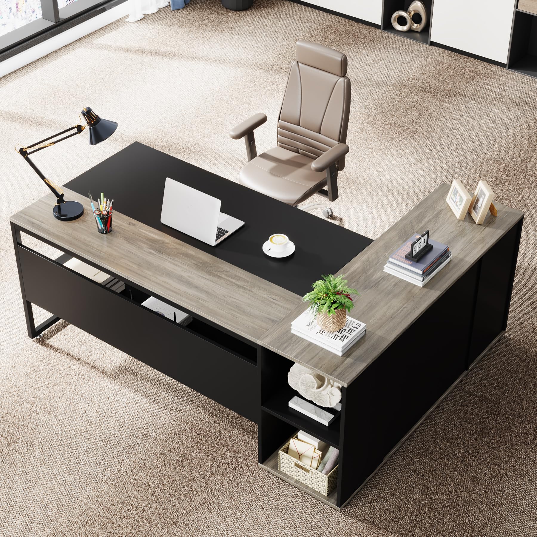 71 Inch L-Shaped Executive Desk with Cabinet Storage
