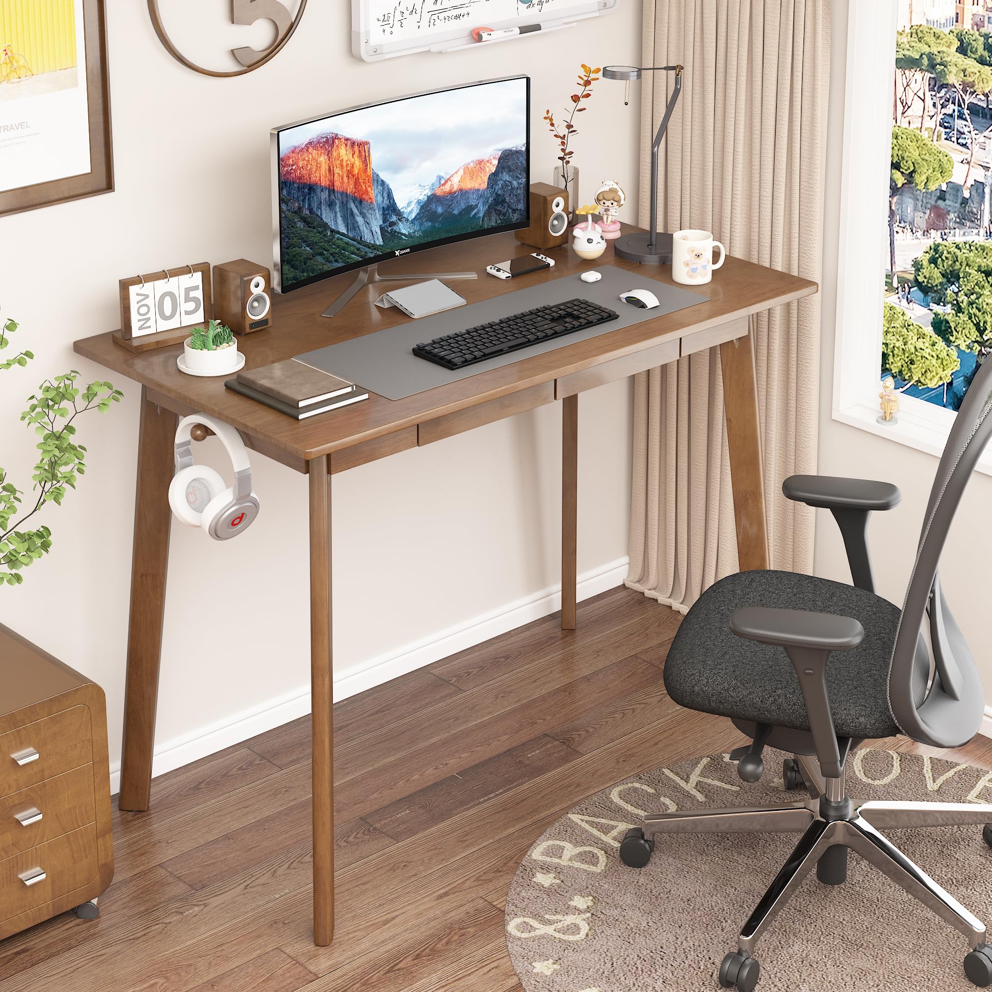 Solid Wood Desk with Drawers 40 Inch Mid Century Modern