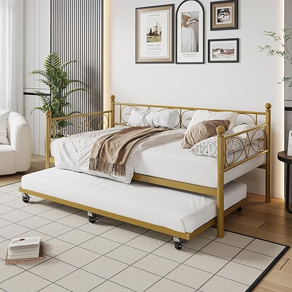 Twin Daybed with Trundle Metal Sofa Bed Frame