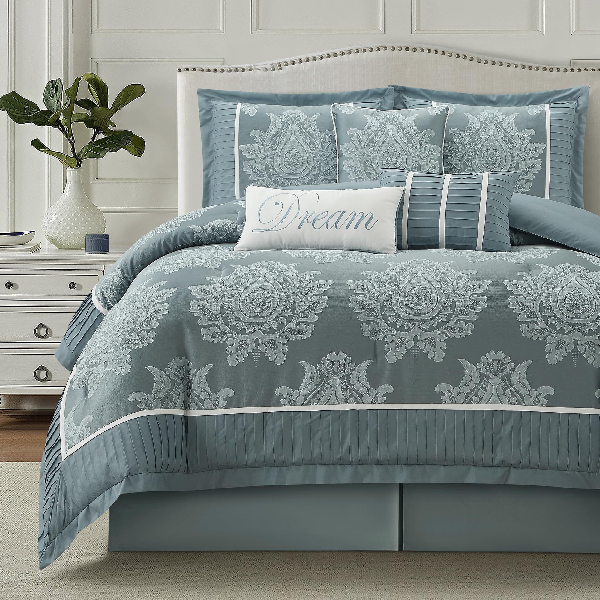 Blue King Size Damask Comforter Set - 7 Pieces