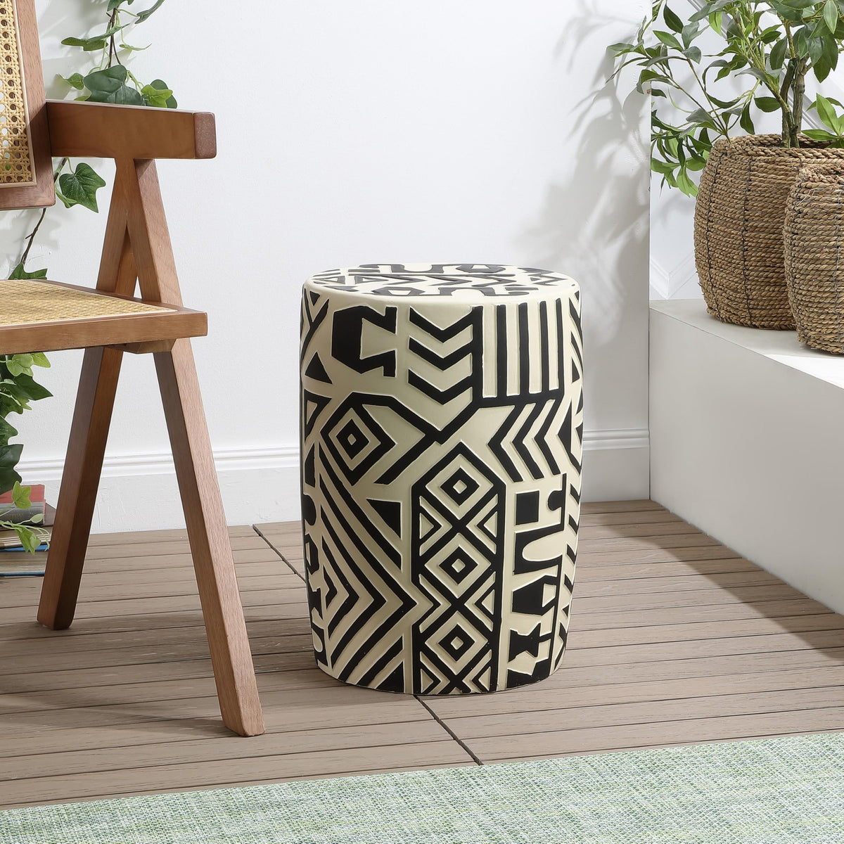 17.75" Mid-Century Modern Geometric Drum Garden Stool