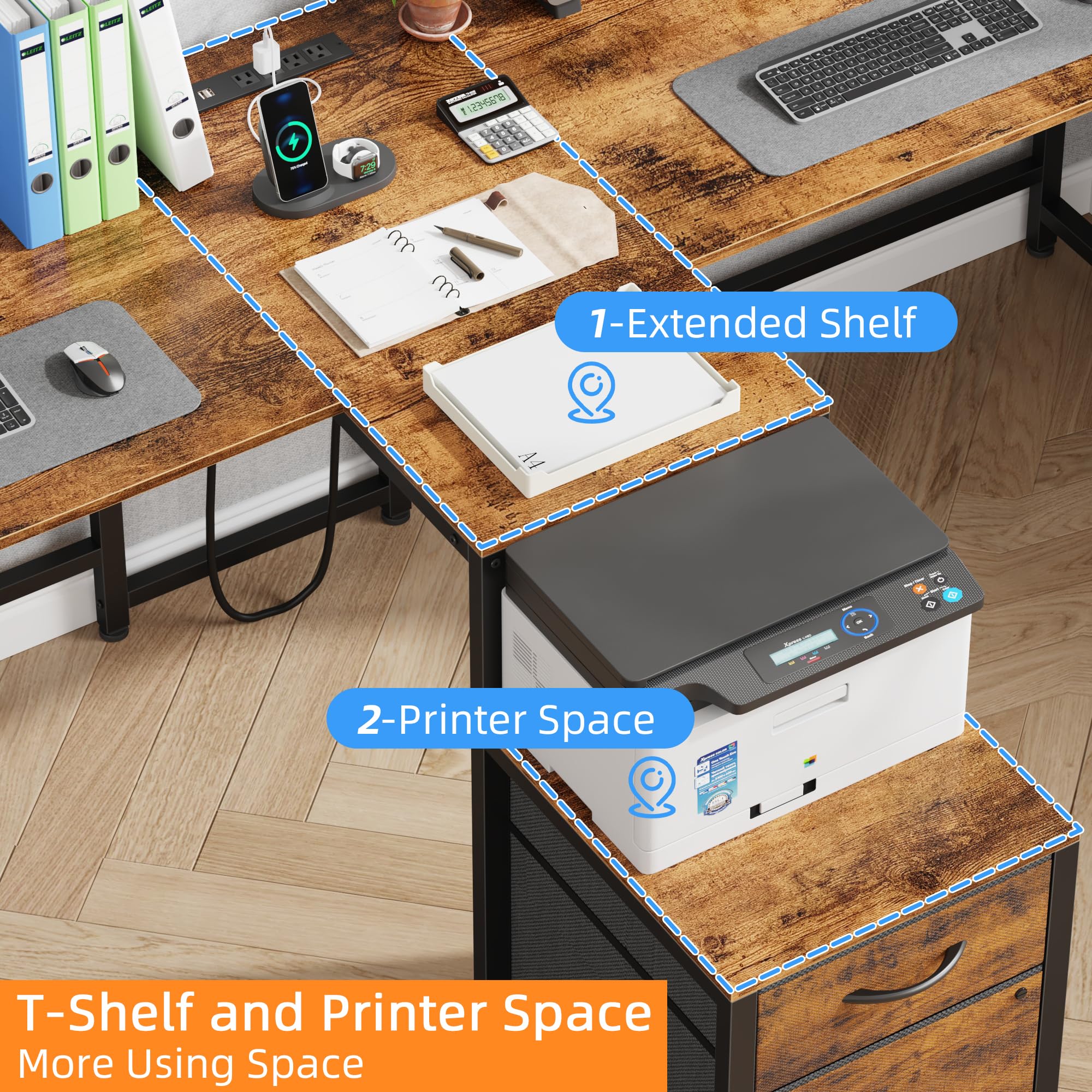 T-Shaped 2 Person Desk with Power Outlet and LED Lights