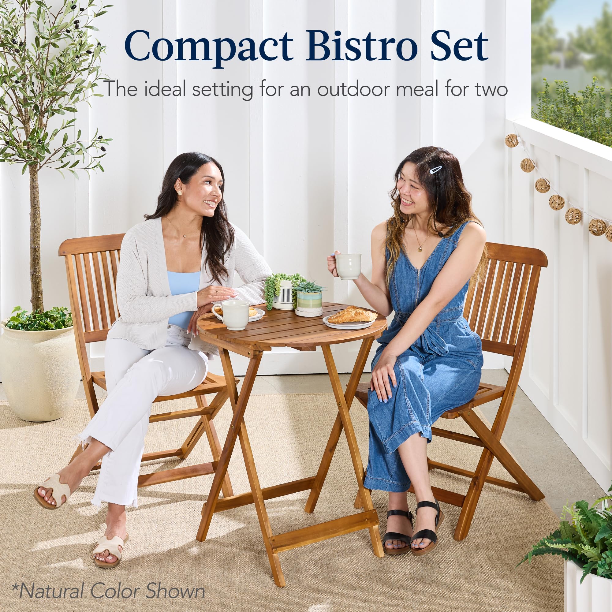 3-Piece Acacia Wood Bistro Set - Folding Patio Furniture with 2 Chairs & Round Table