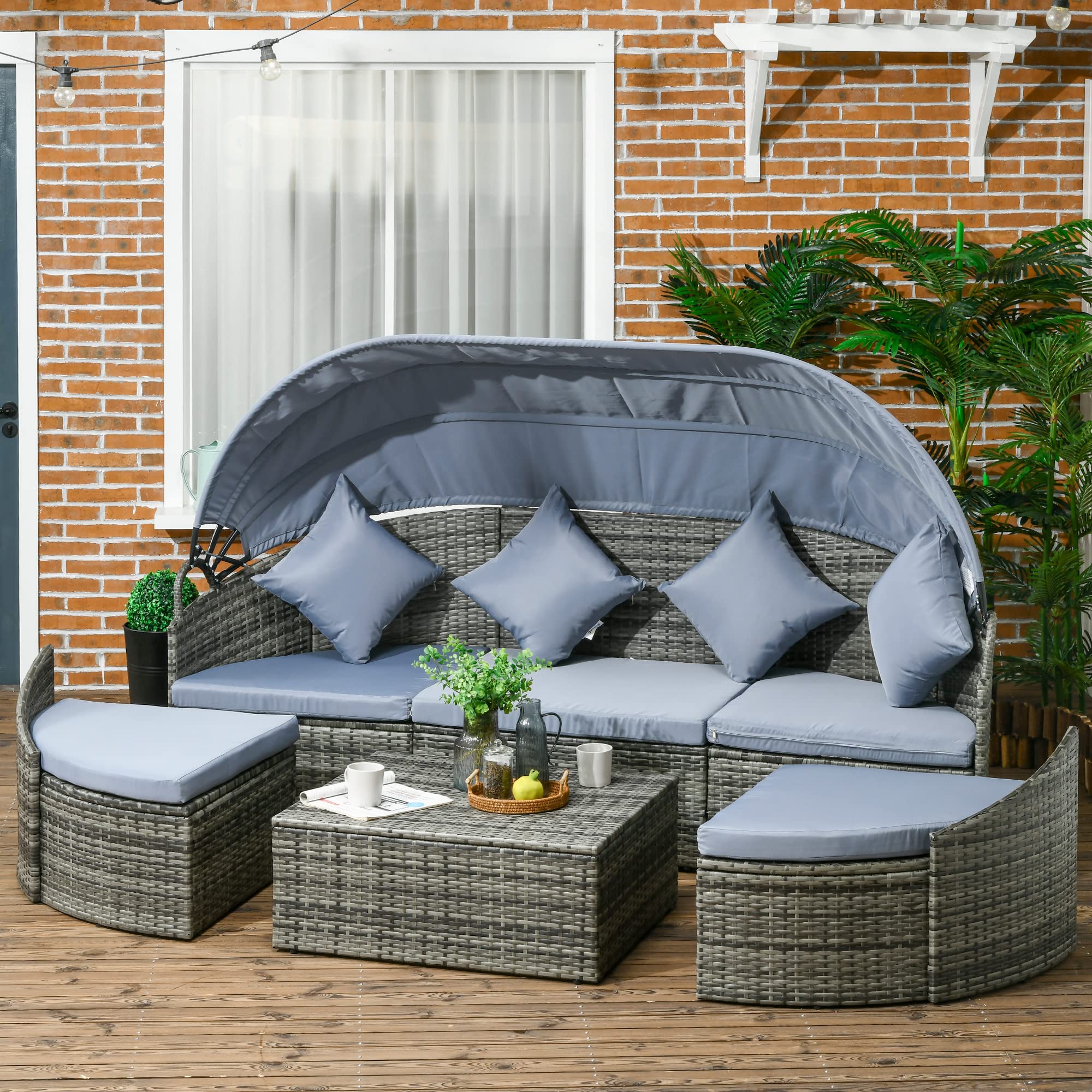 Convertible Round Rattan Daybed Set with Canopy