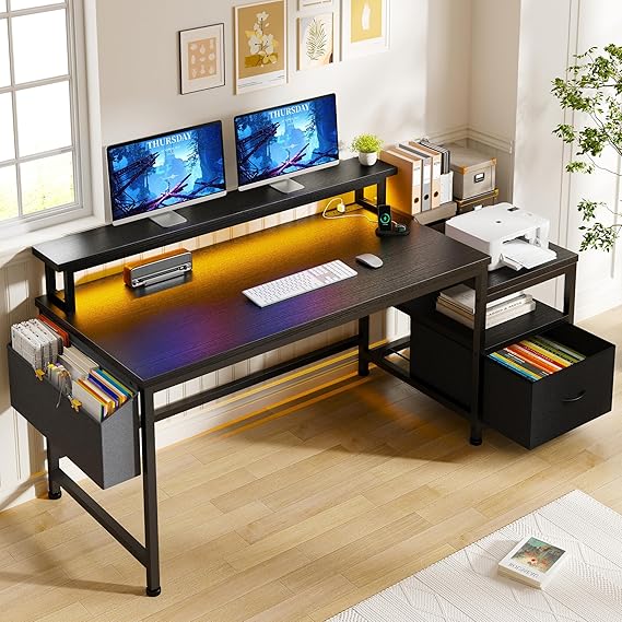 57" Computer Desk with Drawers and Power Outlets