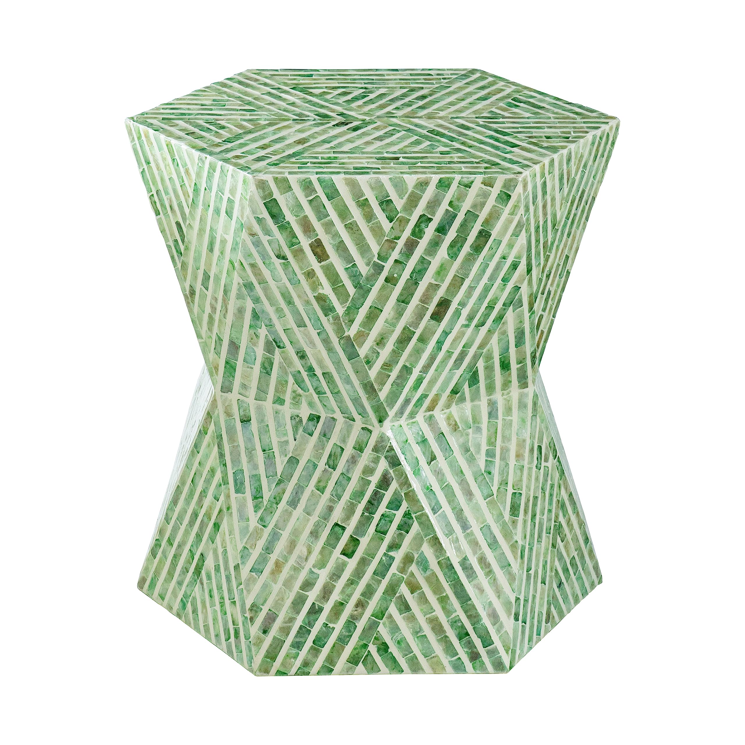 Green Geometric Accent Stool with Capiz Inlays