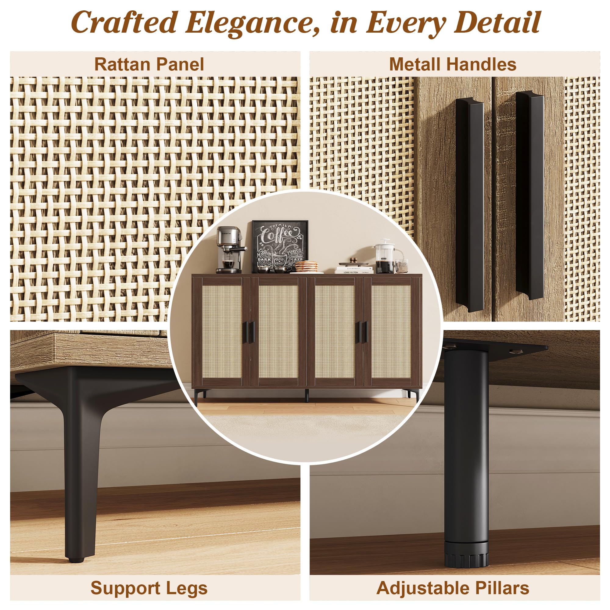 48" Rattan Buffet Cabinet with Adjustable Shelves