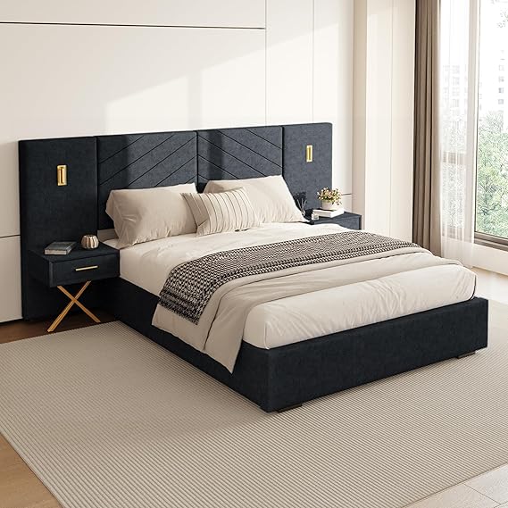 Queen Platform Bed with LED Lights and Nightstands