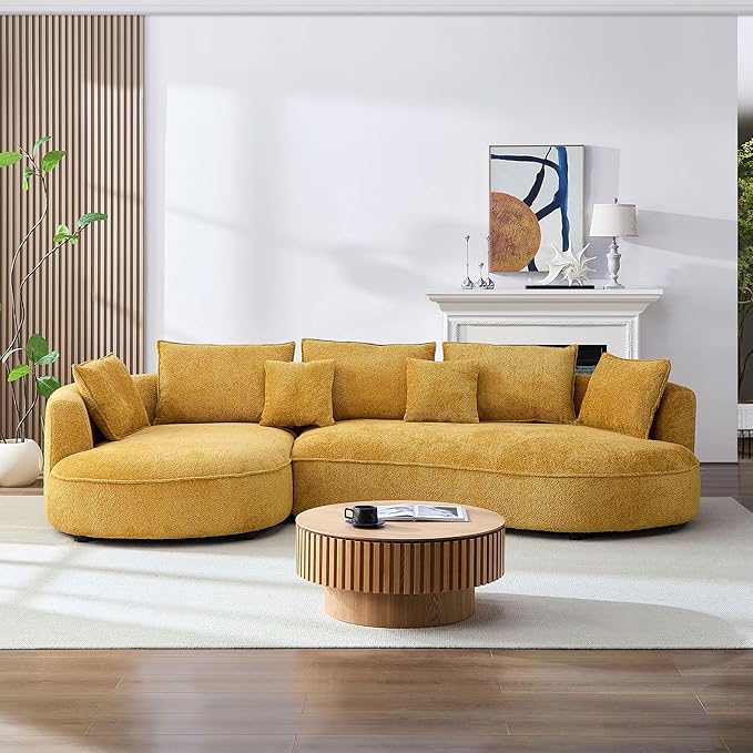 Curved Boucle Sectional Sofa with Right Chaise - Yellow