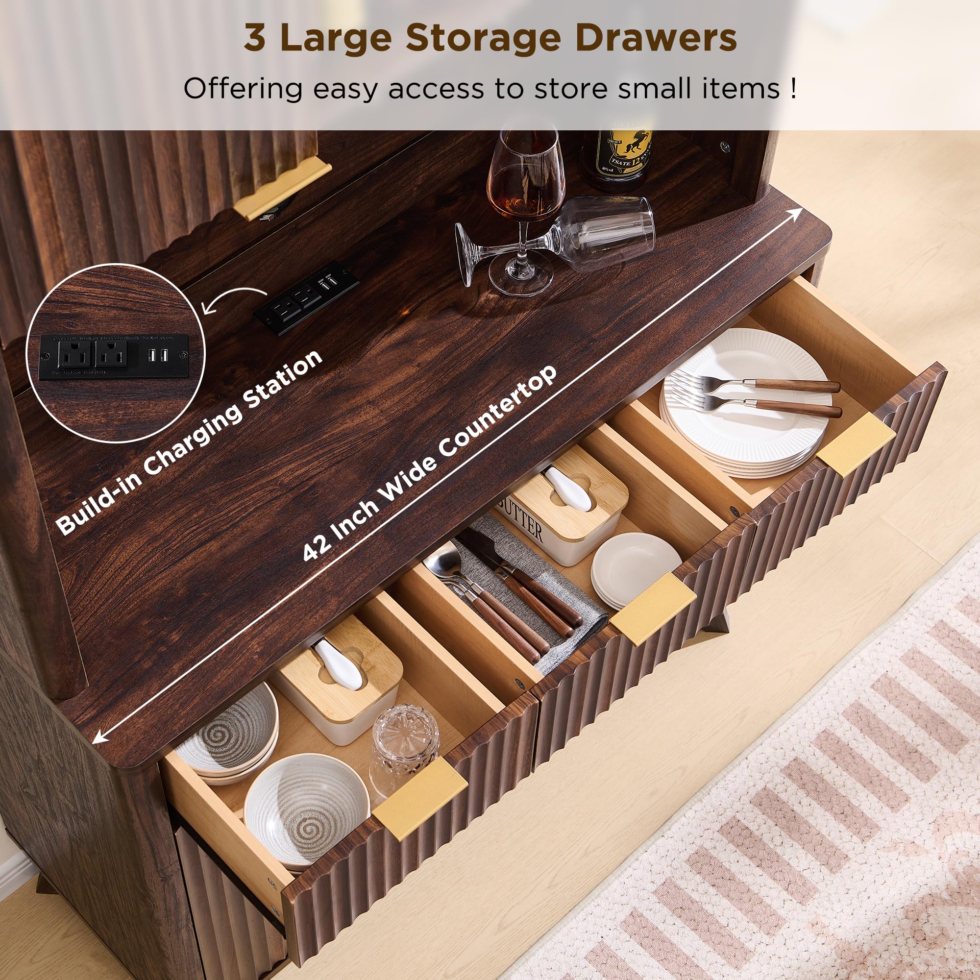 72" Tall Wine Bar Cabinet with Storage Hutch and LED Lights