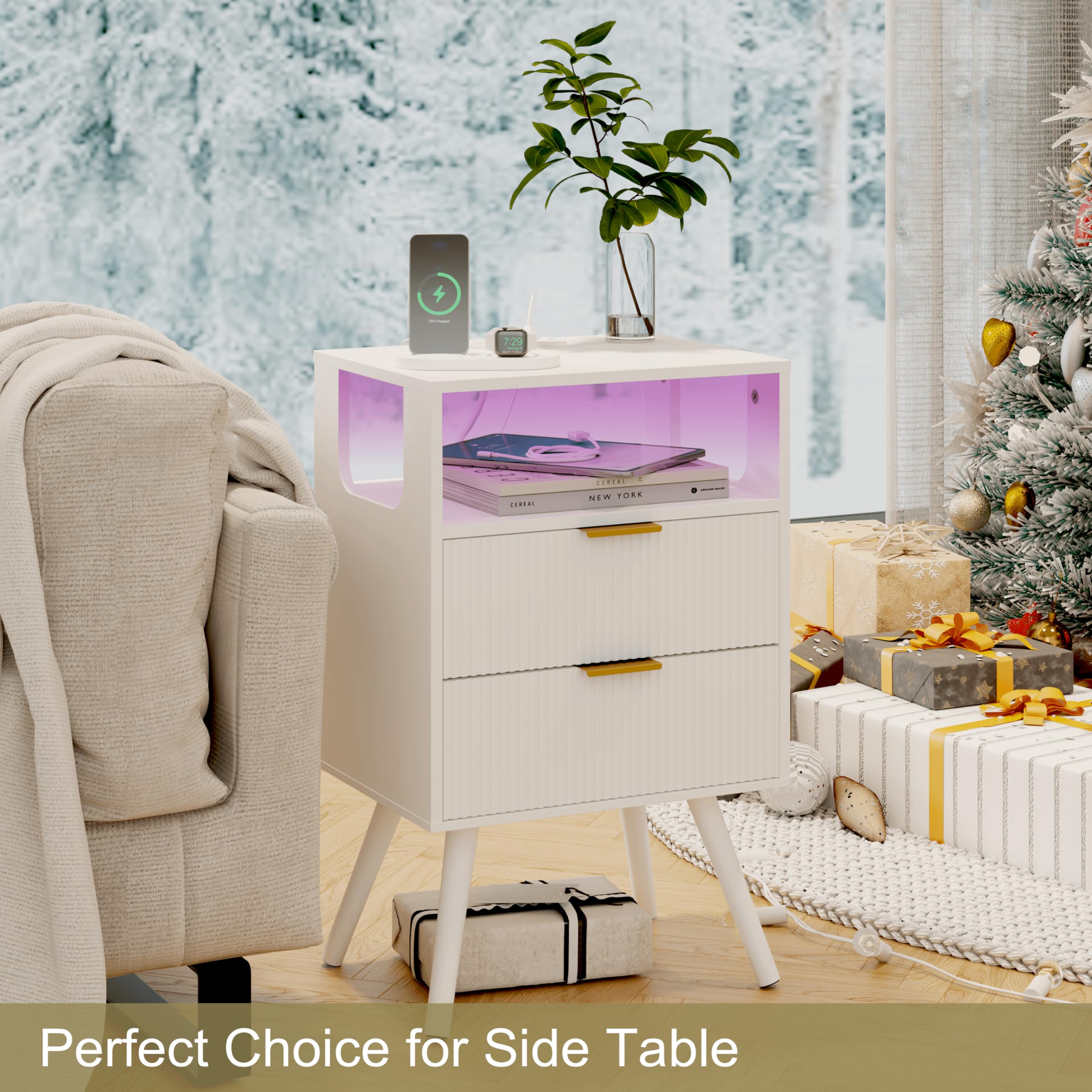 White Nightstand with Charging Station and LED Lights