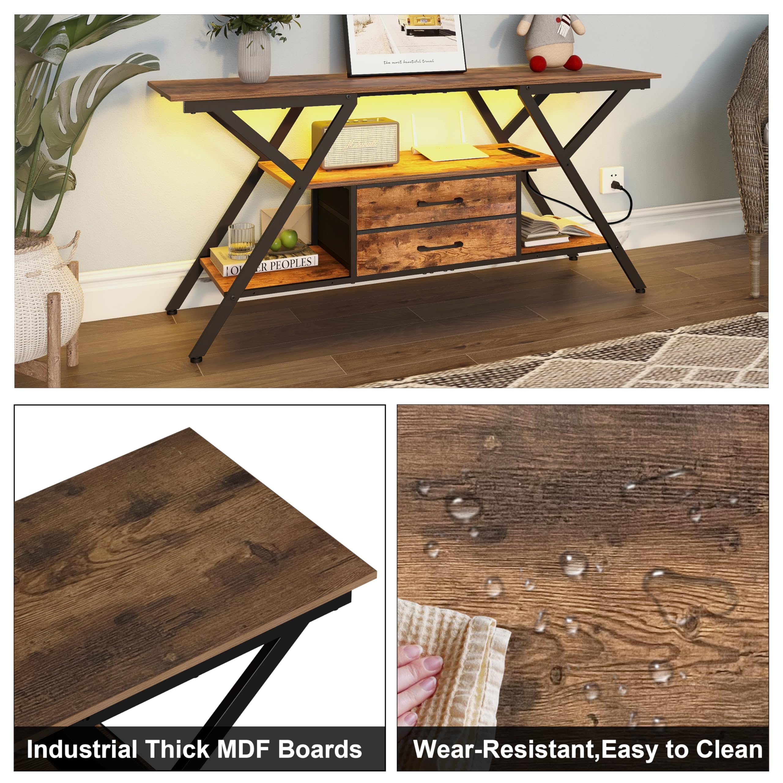 TV Stand with Power Outlet and LED Lights for 65 Inch TVs