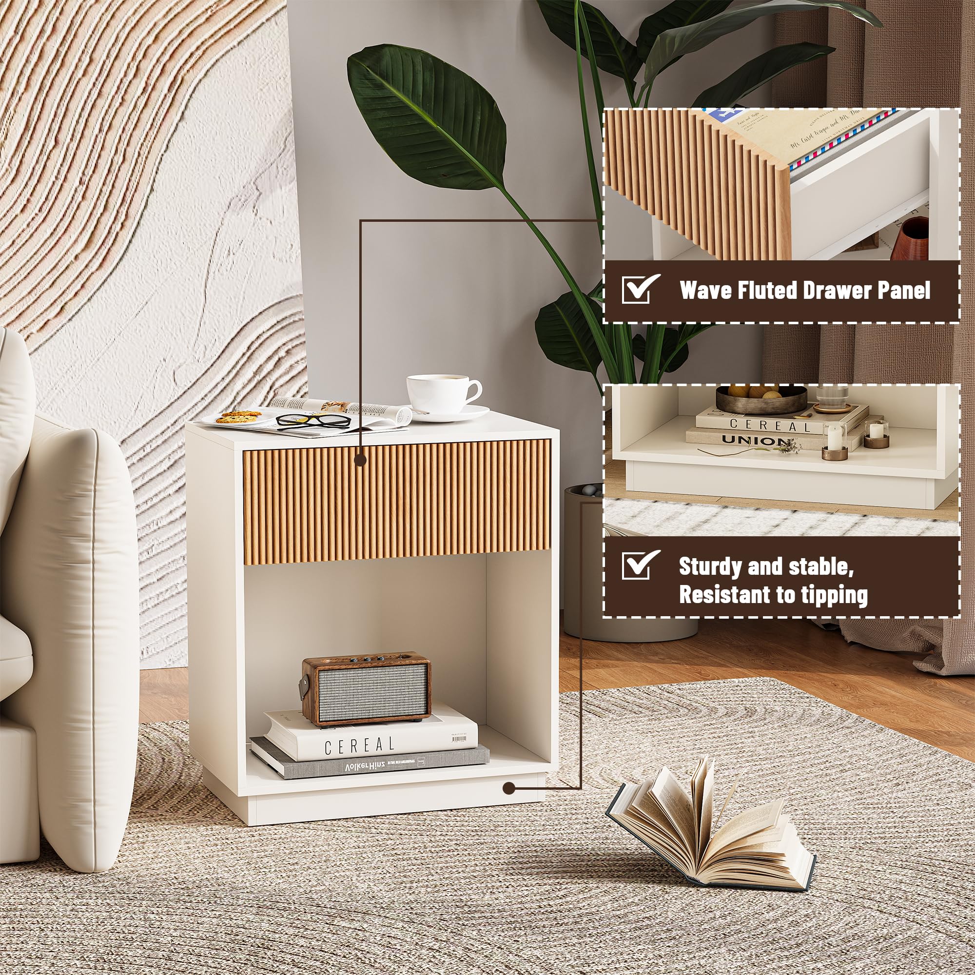 Fluted Nightstands Set of 2 with Drawer and Storage Shelf