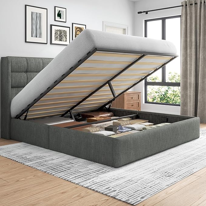 King Size Lift Up Storage Bed Frame with Tufted Wingback Headboard