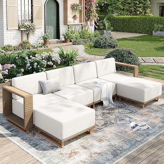 6-Piece Sectional Rattan Wicker Sofa with 10-Inch Cushions