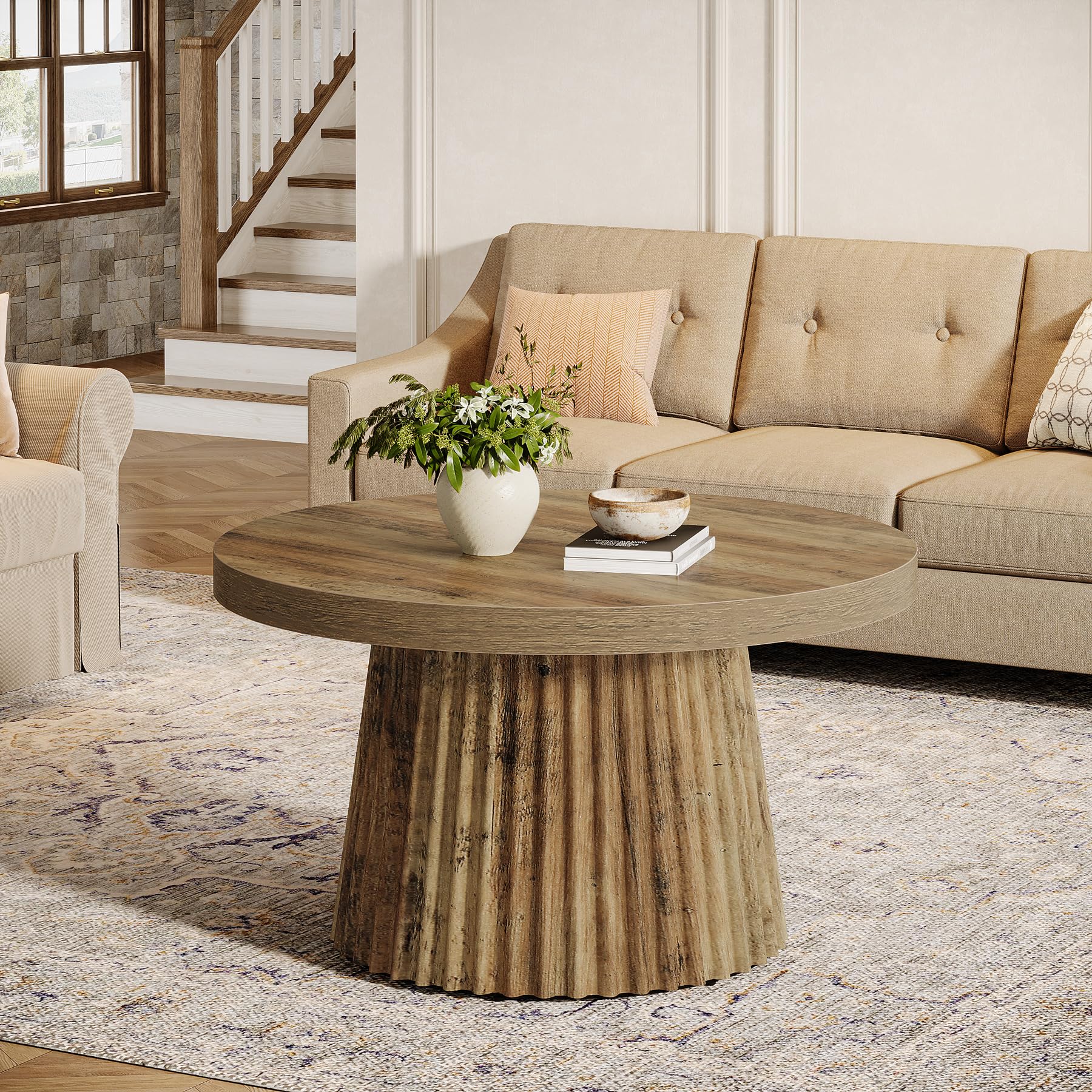 31.5" Round Coffee Table with Fluted Drum Base