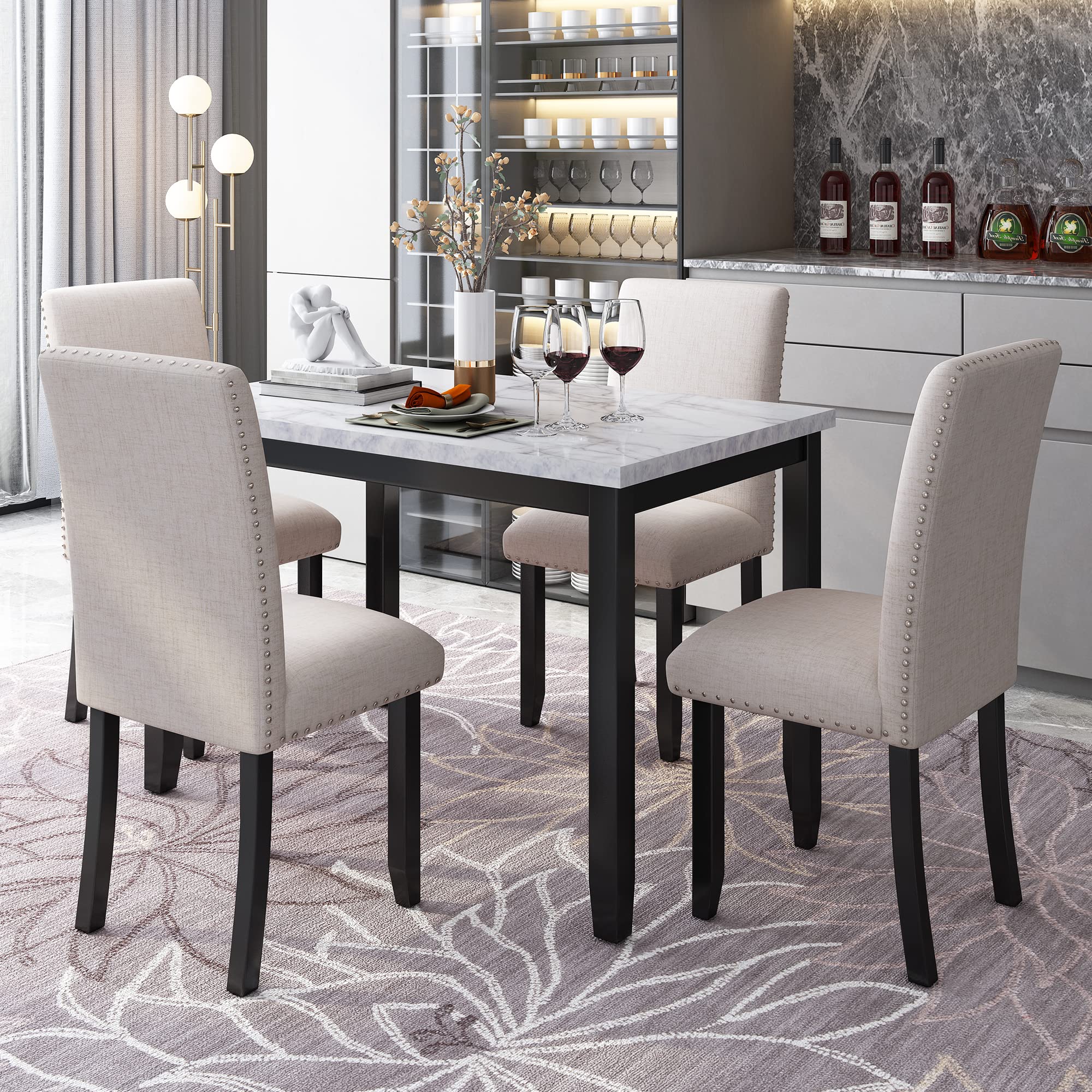 5-Piece Faux Marble Dining Table Set with Upholstered Chairs
