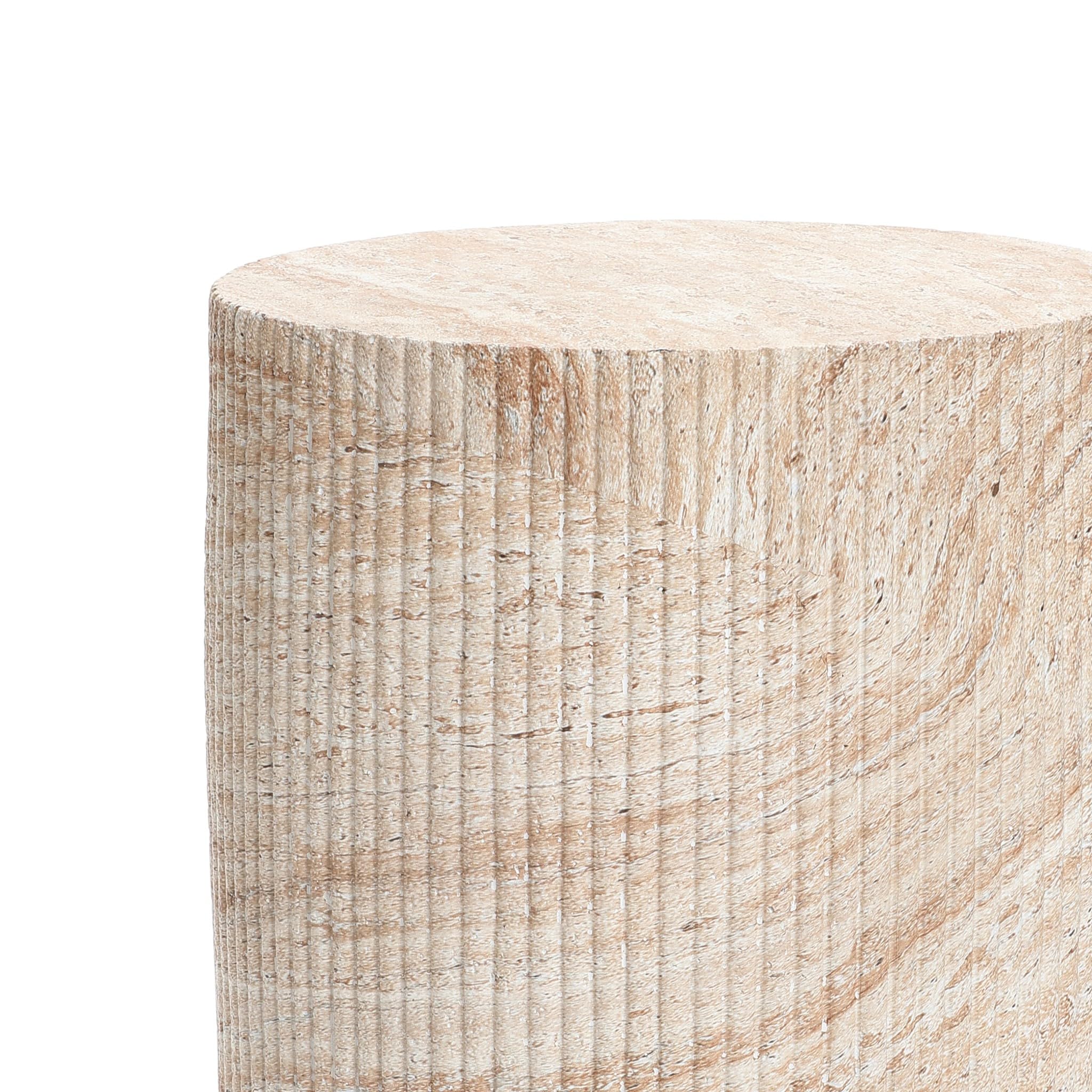 Outdoor Accent Side Table 18 Inch Round Travertine Style Ribbed Cement