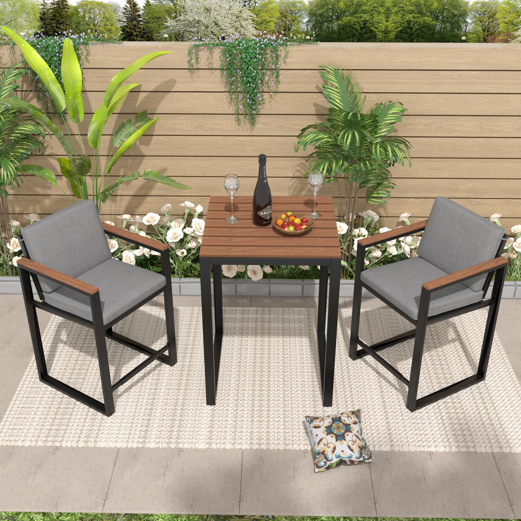 3-Piece Outdoor Bar Table and Chairs Set with Removable Cushions
