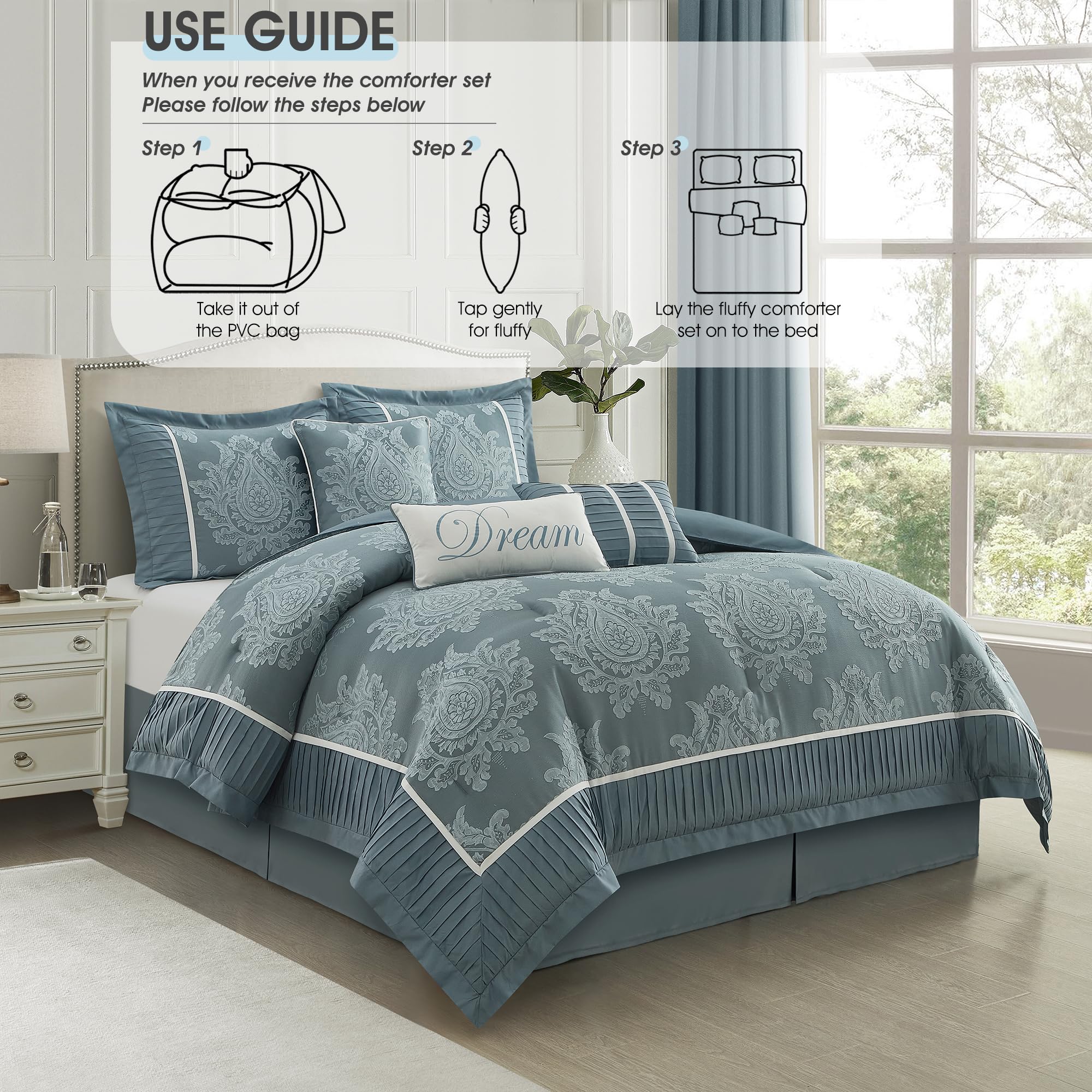 Blue King Size Damask Comforter Set - 7 Pieces