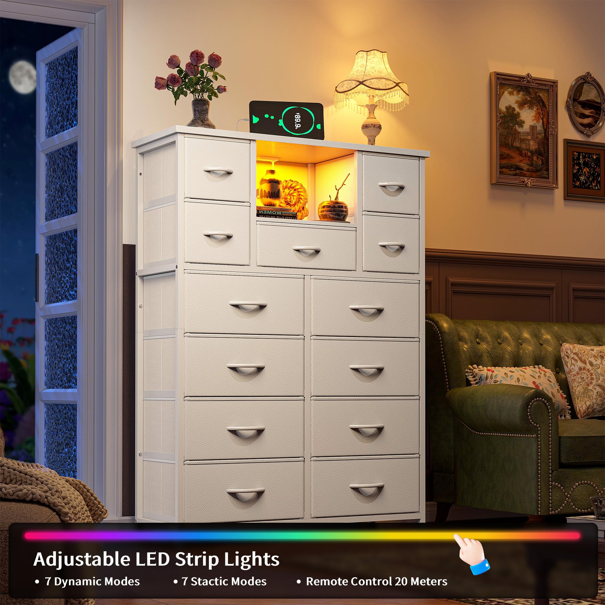 13-Drawer Dresser with LED Lighting and Charging Ports