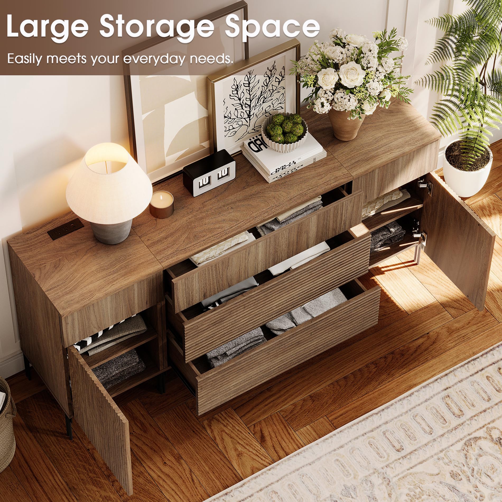 63" Fluted Sideboard Buffet Cabinet with Charging Station