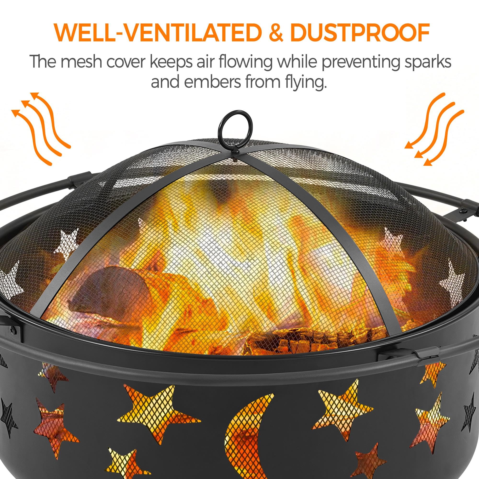30" Round Wood Burning Fire Pit with Star Moon Design