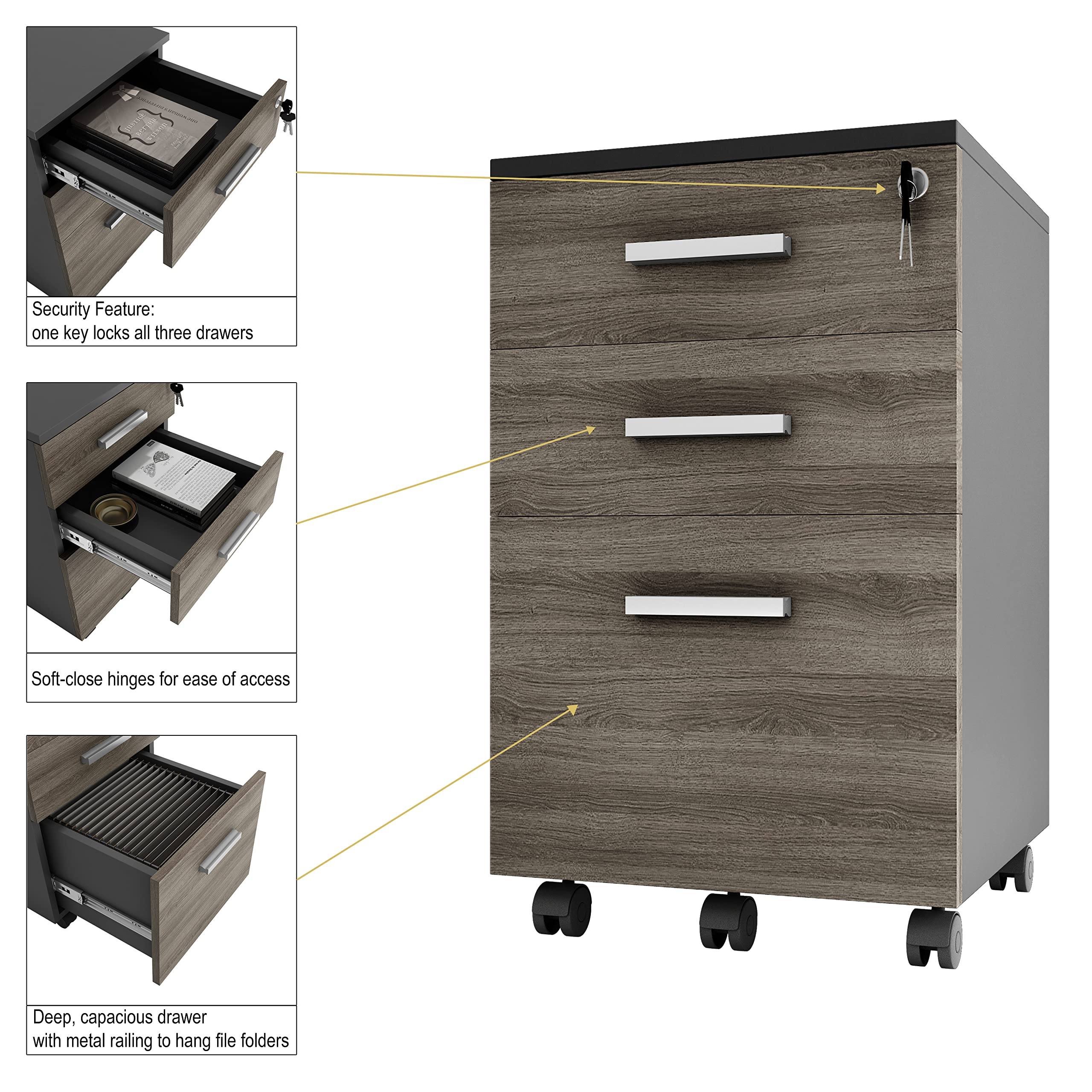 Lazio 3-Drawer Rolling File Cabinet with Lock