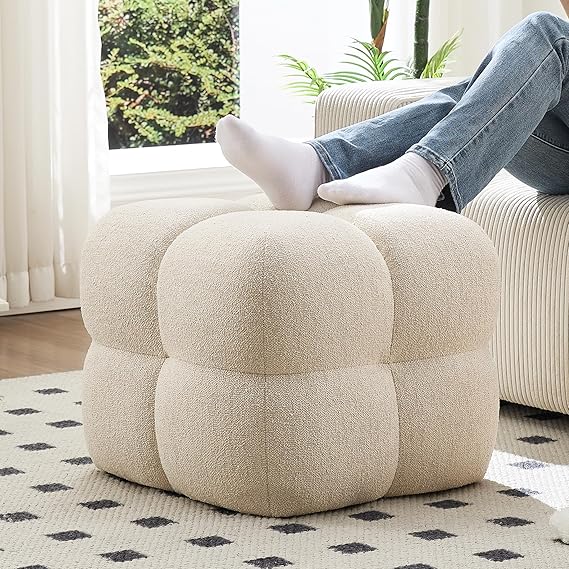 Square Teddy Fleece Ottoman Rust Brown