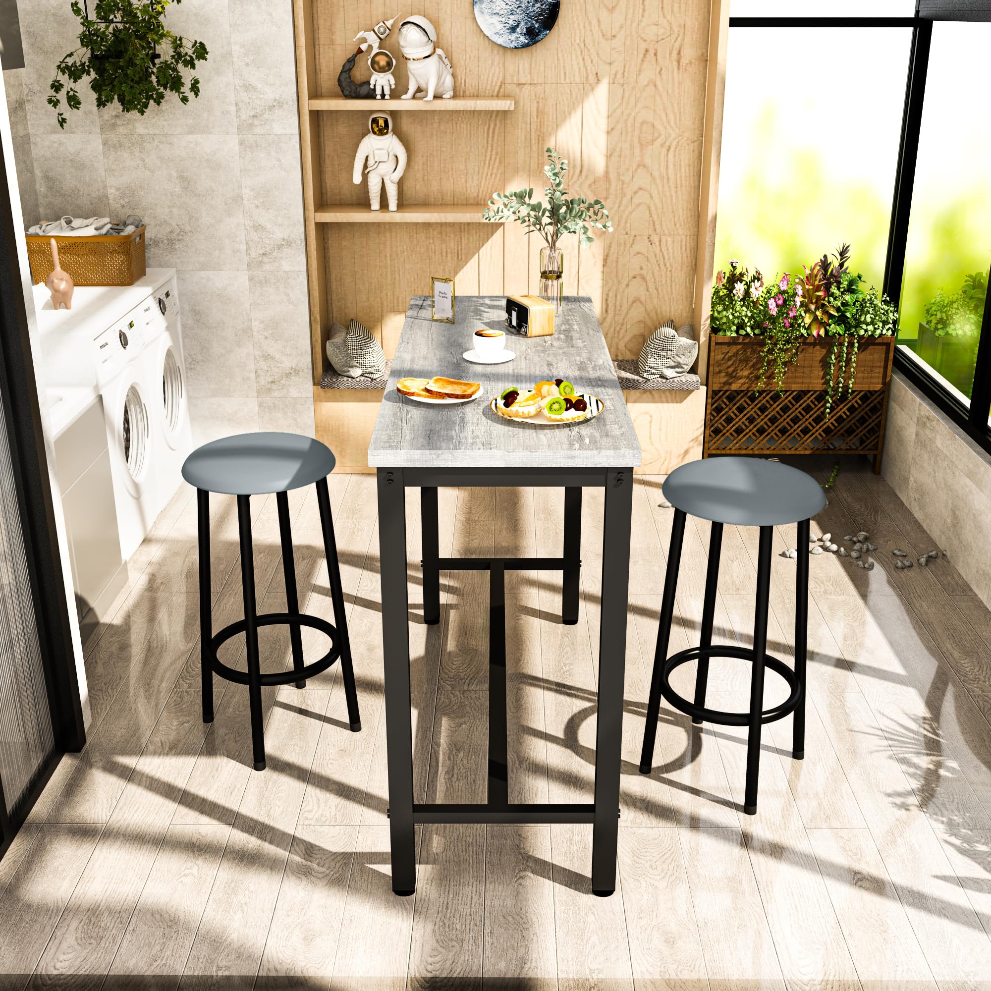 3-Piece Faux Marble Bar Table Set with Upholstered Stools