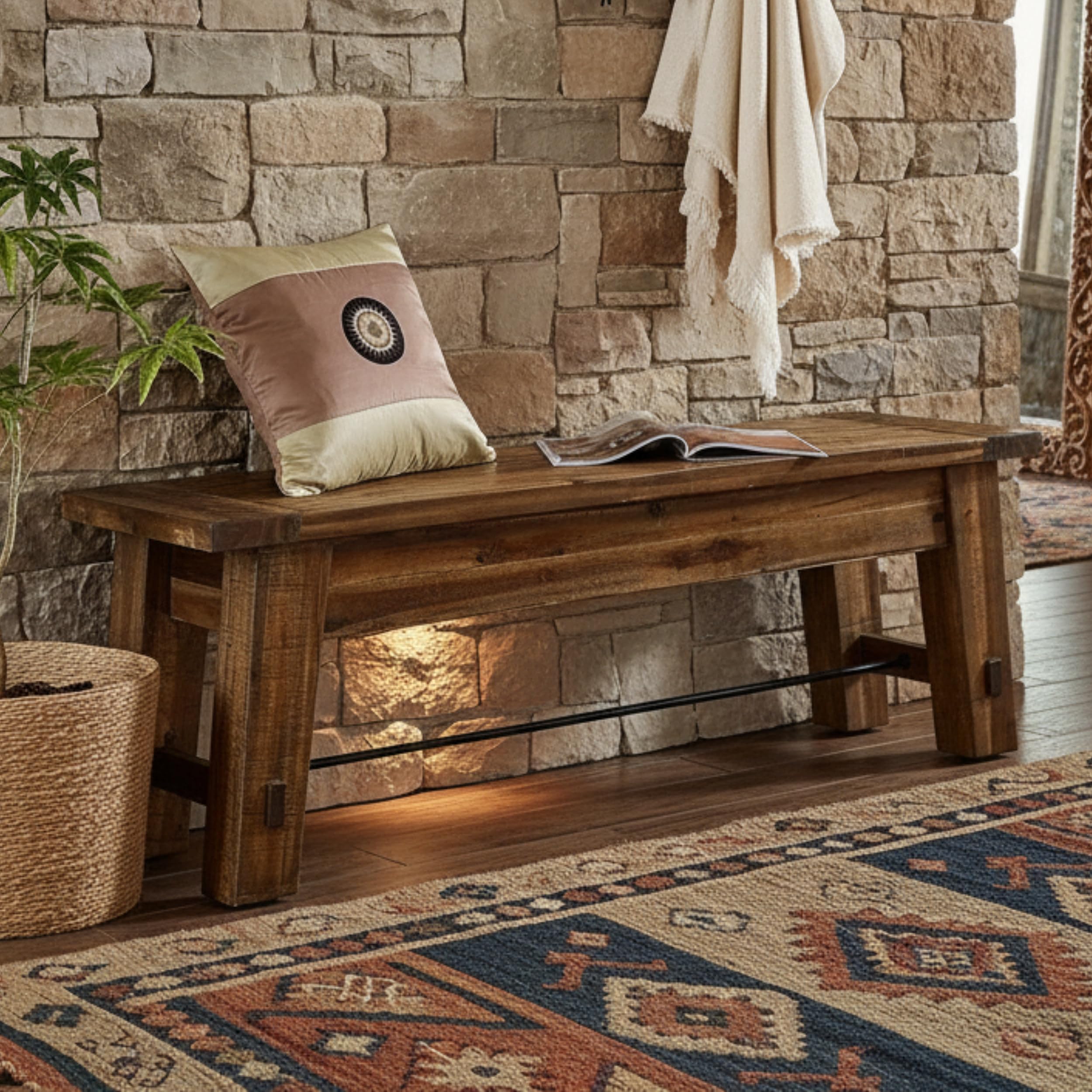 60 Inch Solid Wood Entryway Bench with Metal Accent Bar