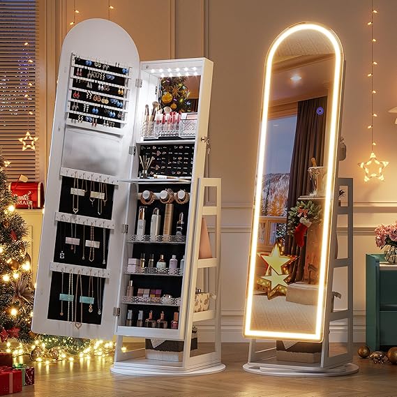 LED Mirror Jewelry Cabinet with Lockable Storage