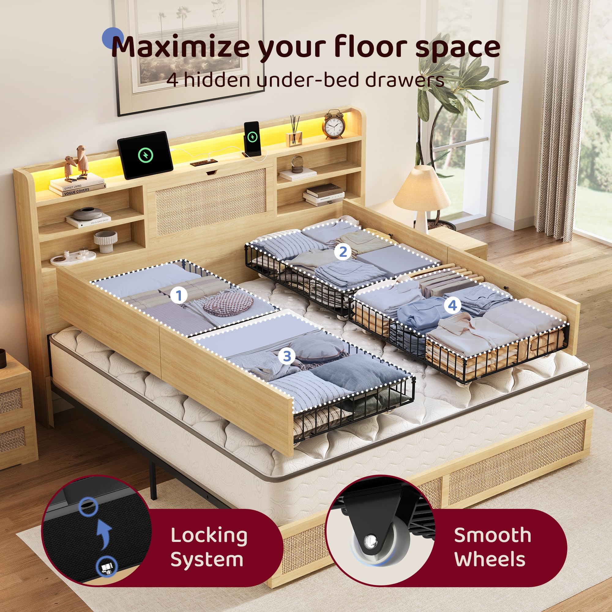 King Size Rattan Bed Frame with Storage Drawers and LED Lights