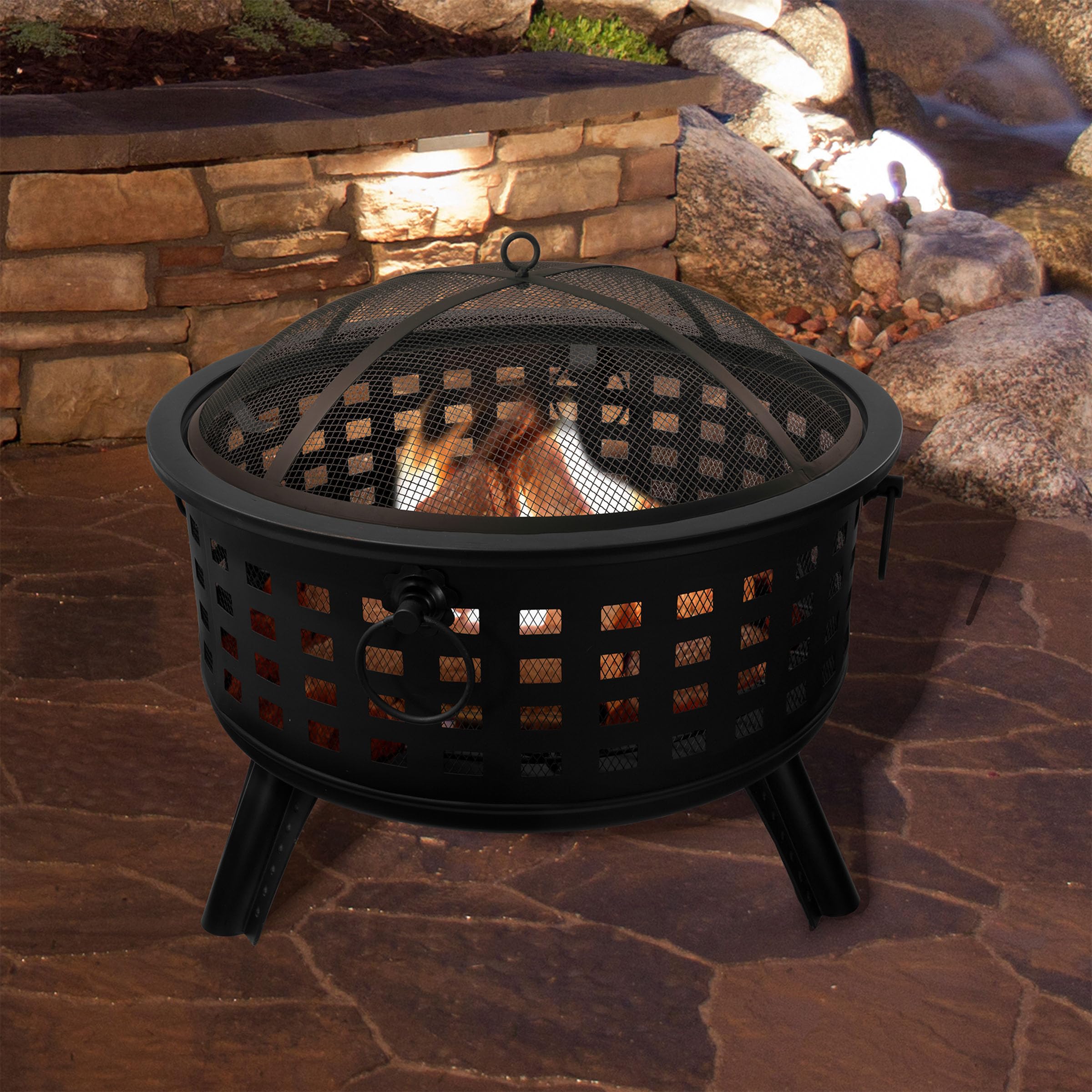 26-Inch Round Lattice Wood Burning Fire Pit with Screen and Cover