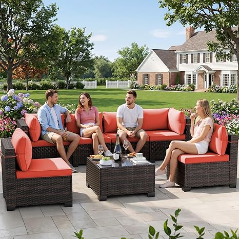 7-Piece Rattan Patio Furniture Set with Coffee Table