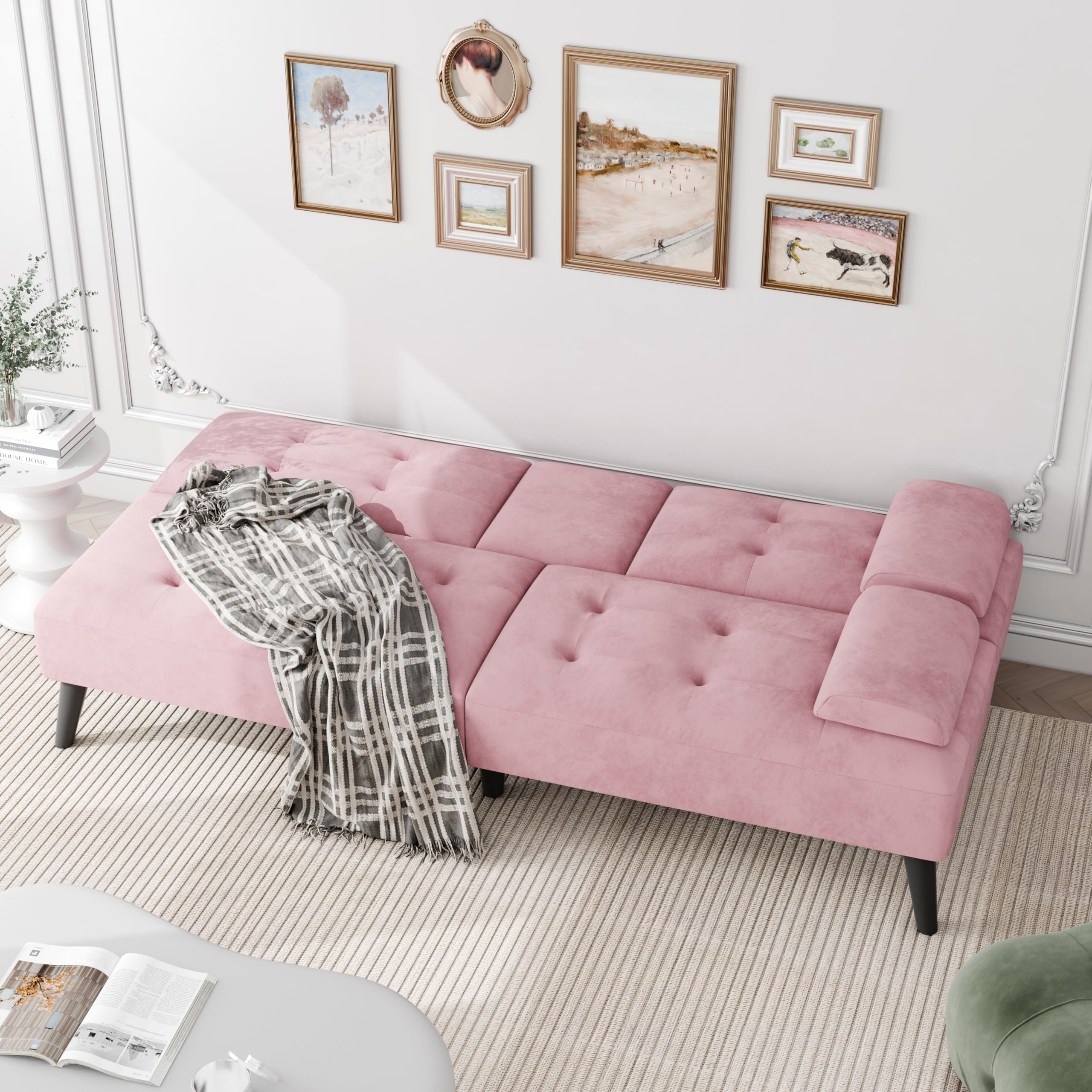 Pink Velvet Convertible Futon Sofa Bed with Cup Holders