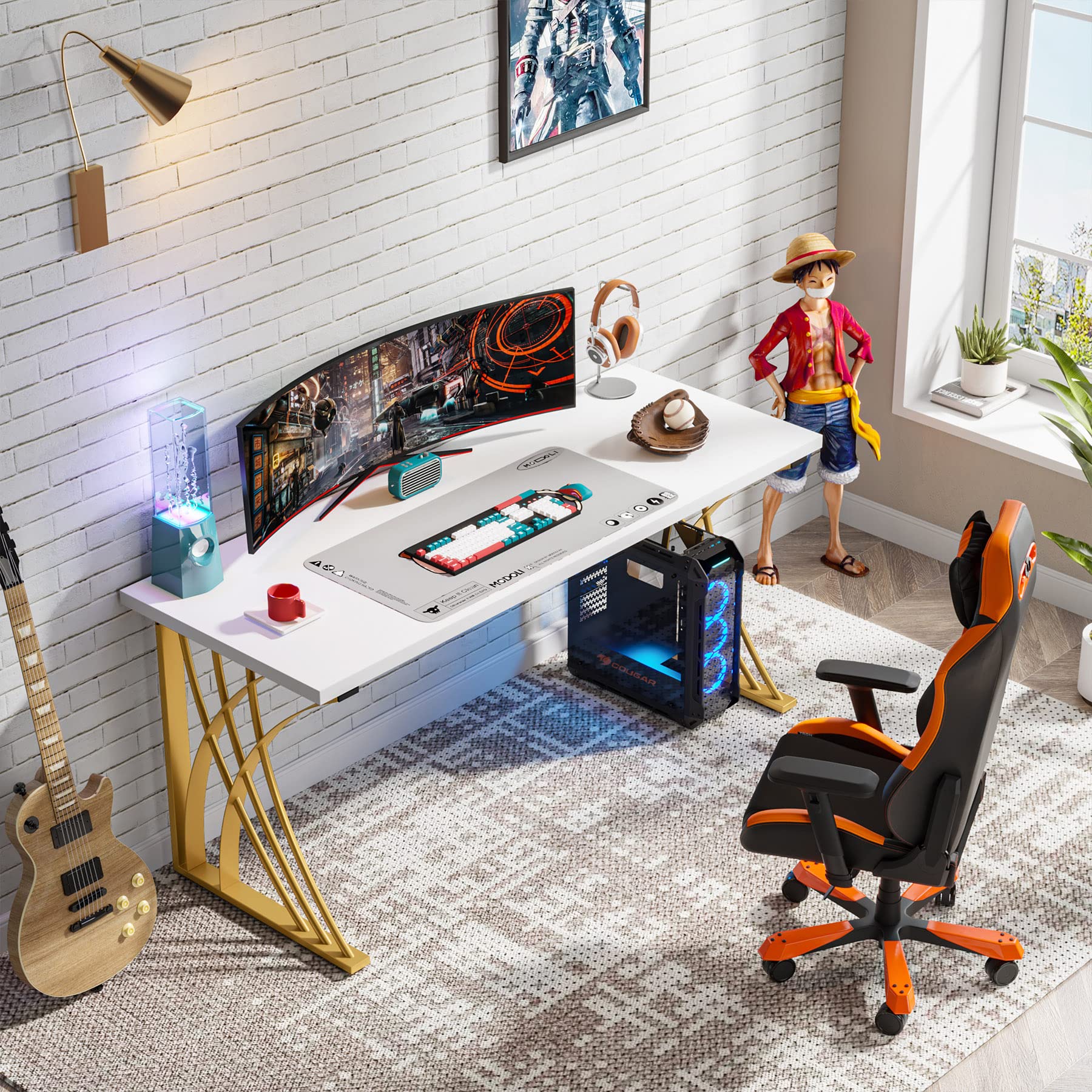 55" Modern Computer Desk White & Gold