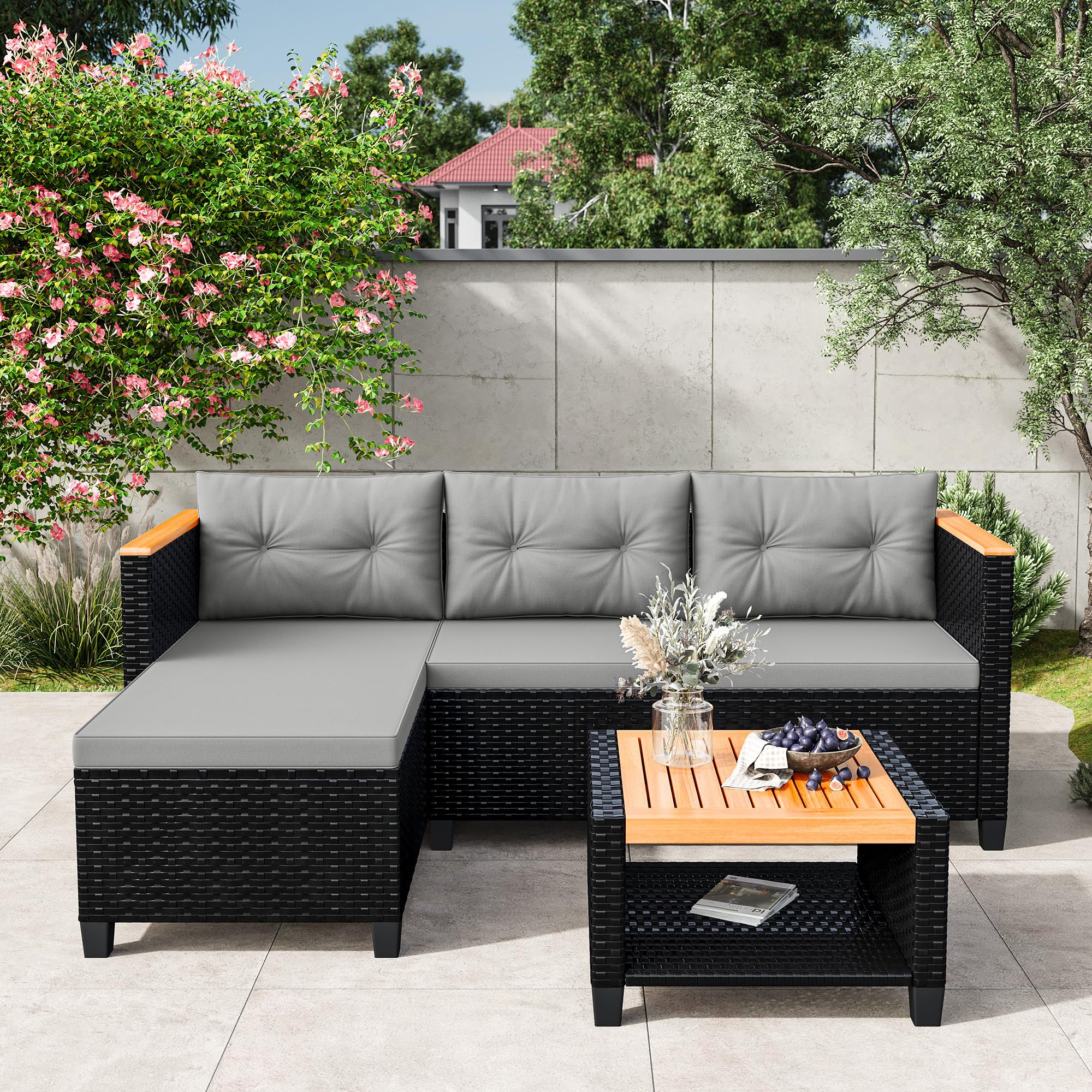 Small Patio Furniture Set - 3 Piece L-Shape Sectional Sofa with Storage Table