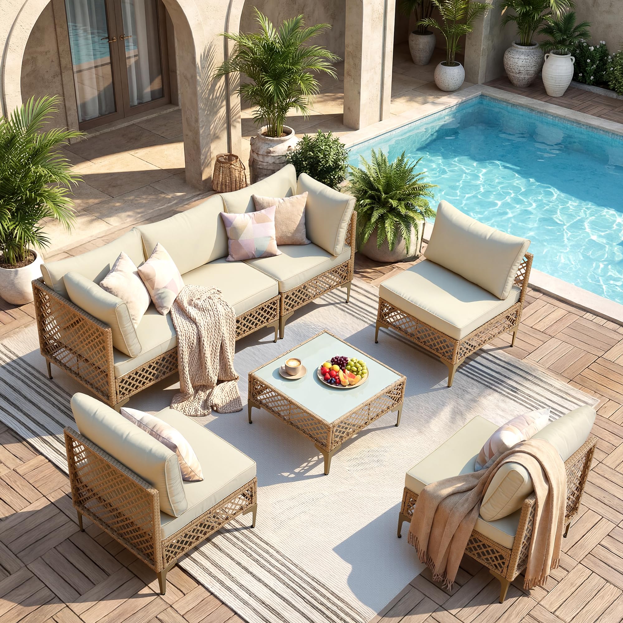 7 Piece Outdoor Wicker Modular Sectional Patio Conversation Set with Cushions & Glass Coffee Table