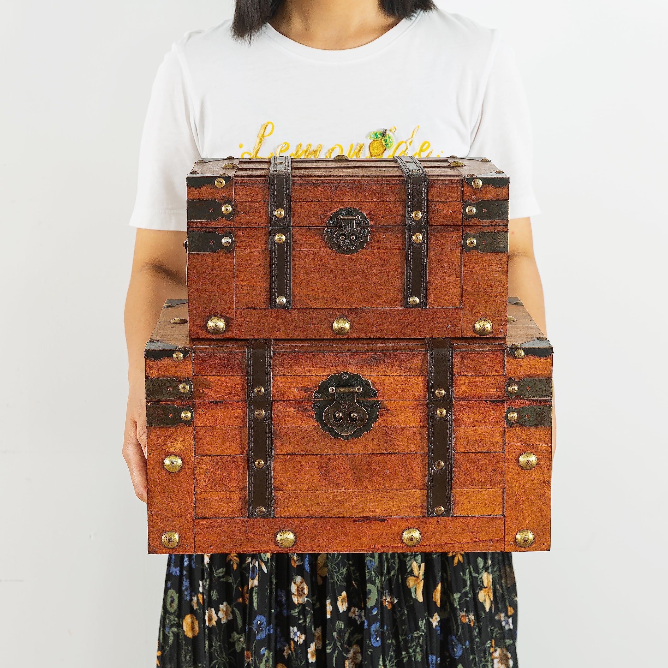 Wooden Treasure Chests Set of 2 with Hinged Lids