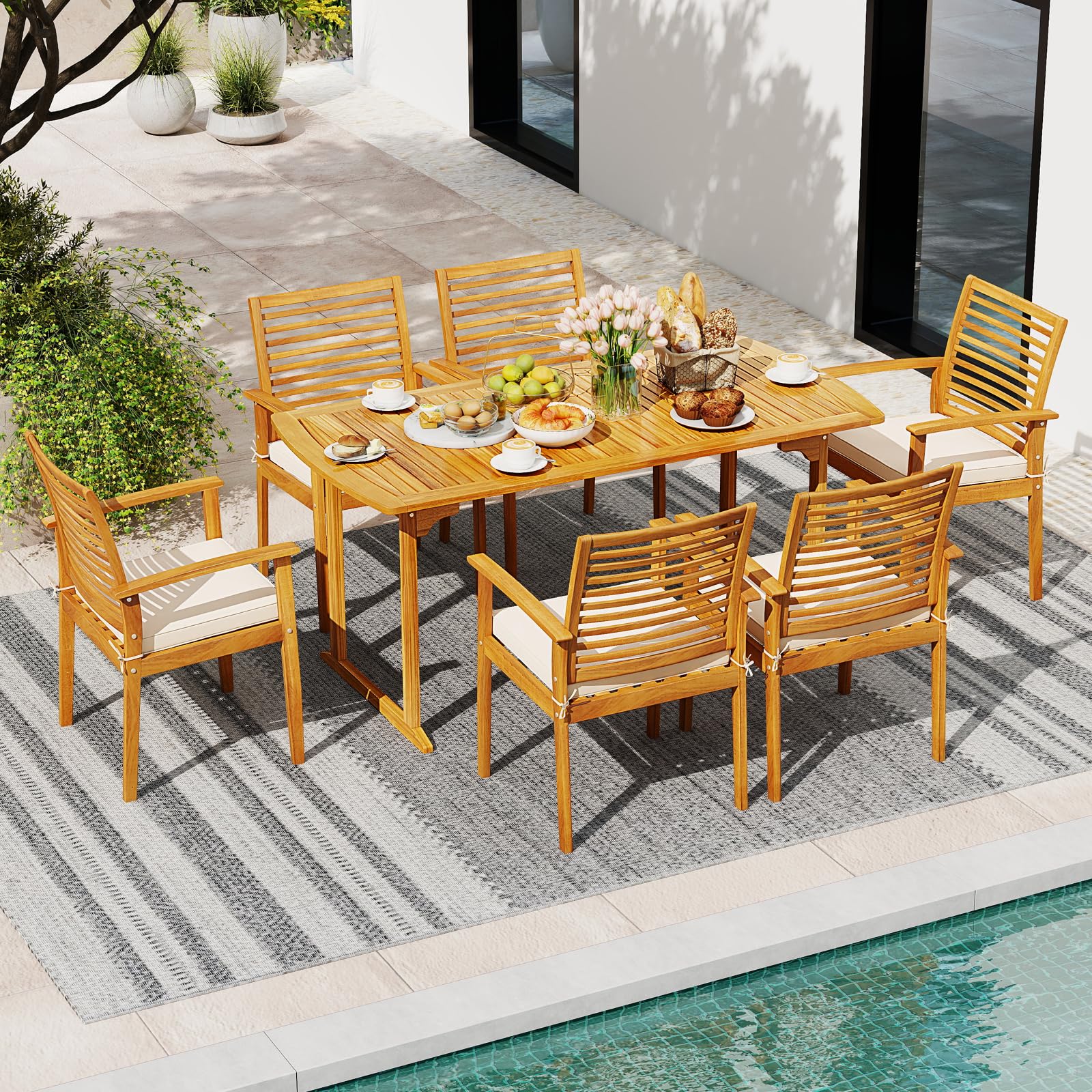 Tangkula 7 Piece Patio Acacia Wood Dining Set for 6, Patio Rectangle Table with Umbrella Hole & 6 Cushioned Armchairs, for Backyard Garden Poolside Deck, Natural