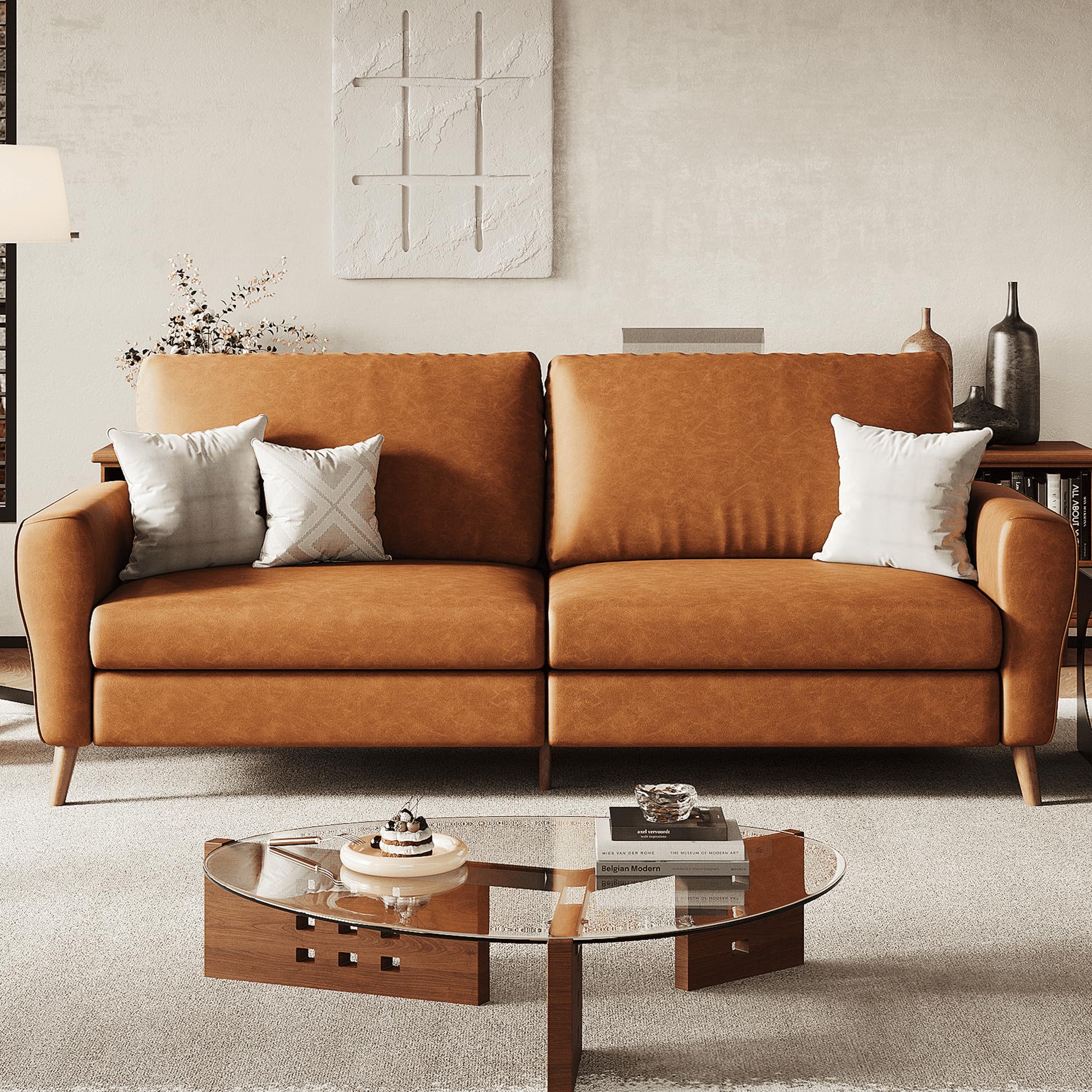 GarveeHome 84 in Faux Leather Couch, Brown Couches for Living Room, 3 Seater Sofa with Wide Armrests, Wood Legs, Deep Seats, Mid-Century Modern Loveseat Sofa for Small Spaces, Easy Assembly