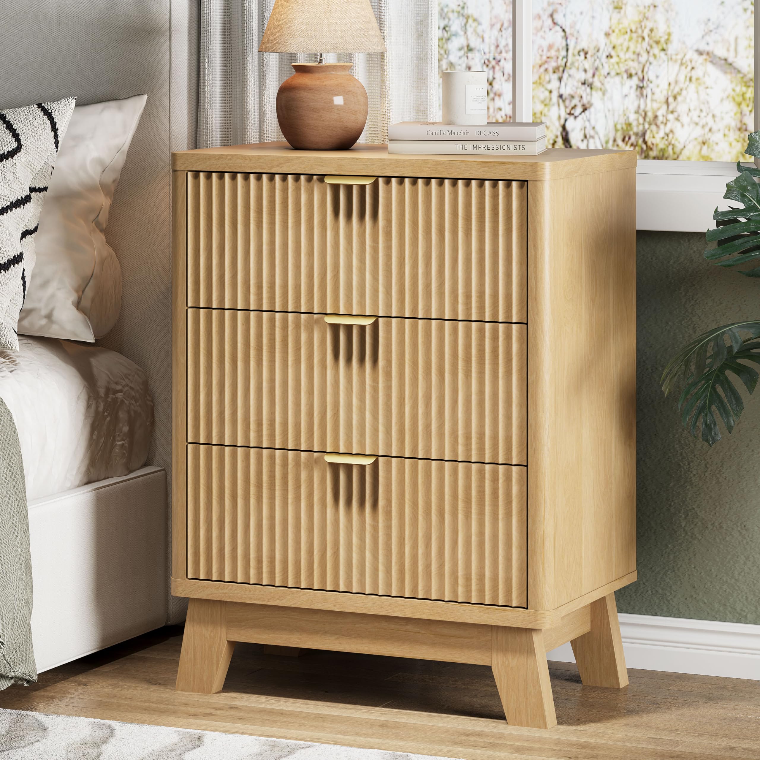 3-Drawer Fluted Nightstand with Metal Handle