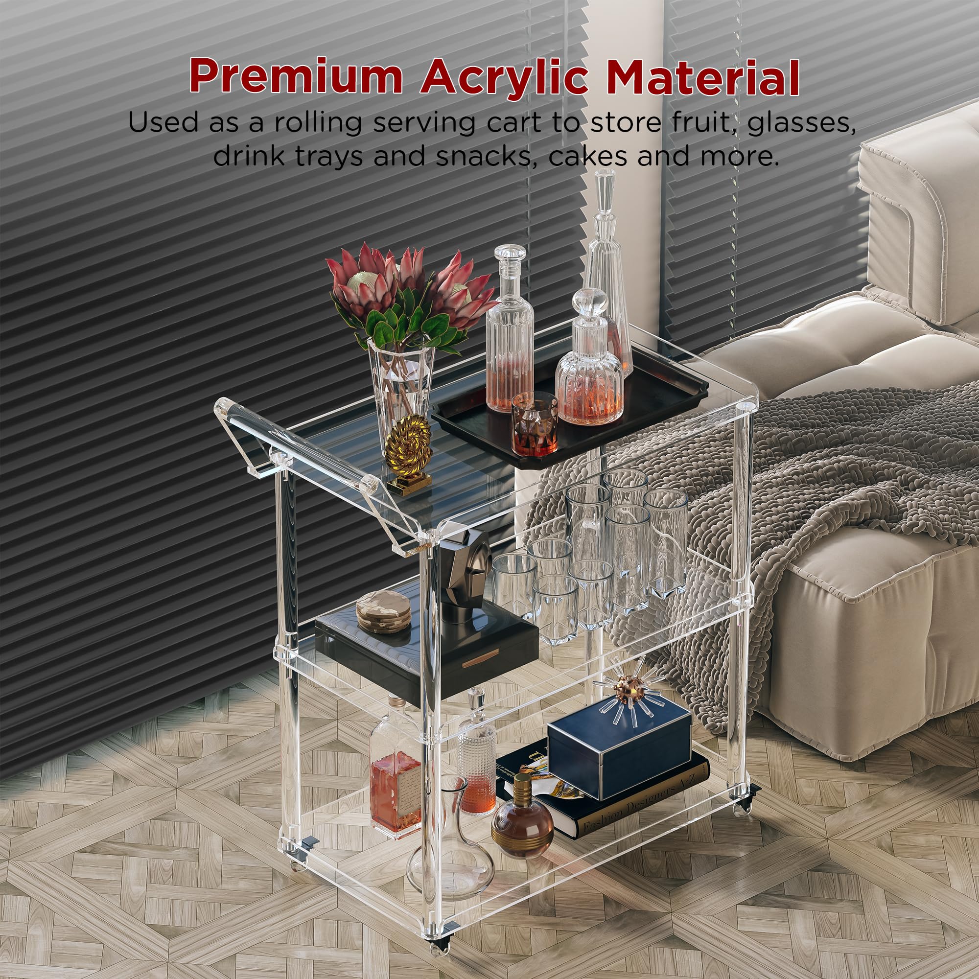 Acrylic Bar Cart with Lockable Wheels - 3-Tier Rolling Serving Cart