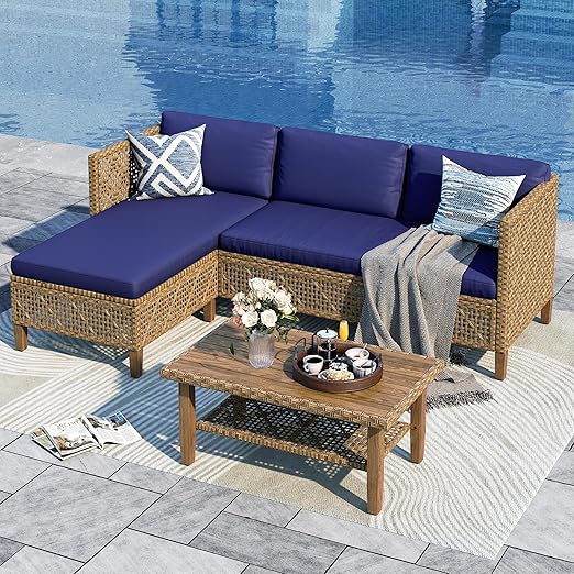 Outdoor Rattan Sofa Set with Cushions & Coffee Table - 3 Piece Patio Furniture