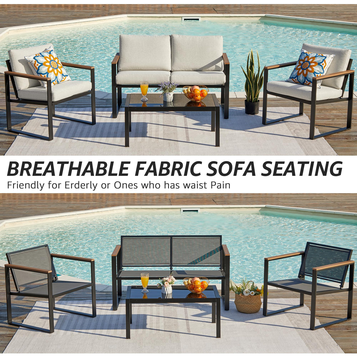 4 Piece Metal Patio Conversation Set with Olefin Cushions