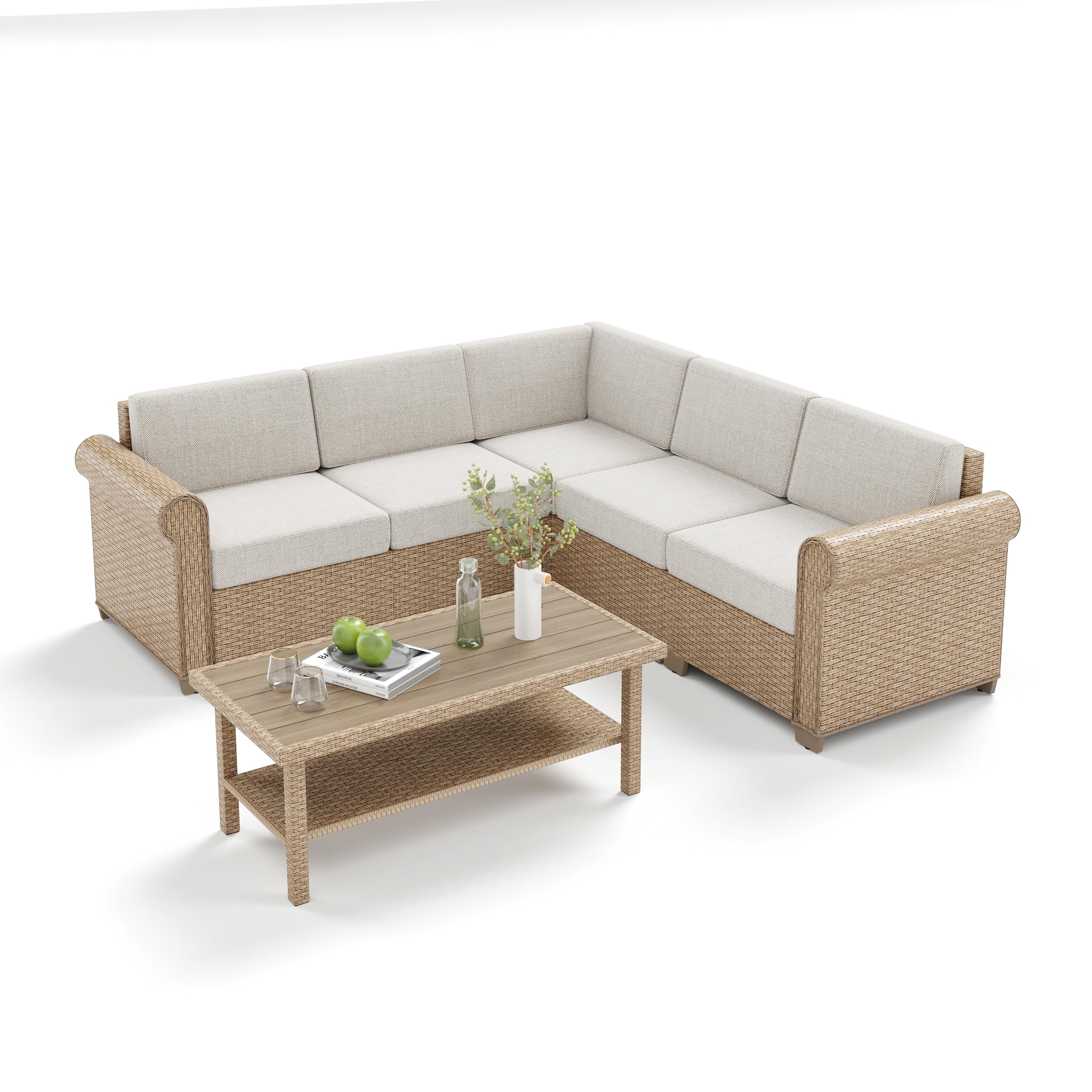 6 Piece Outdoor Rattan Wicker Sectional Conversation Set with Coffee Table