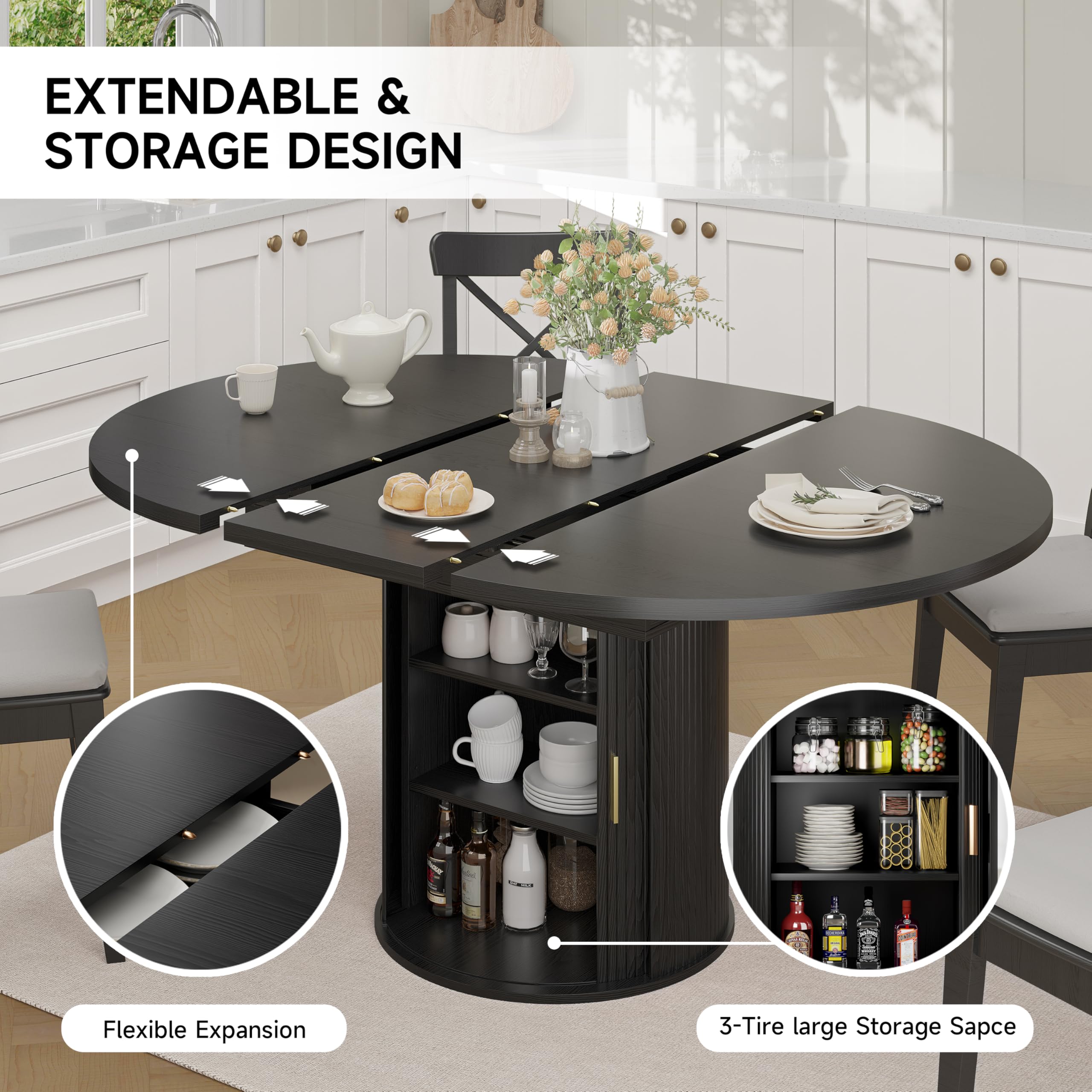 Extendable Round Dining Table with Storage