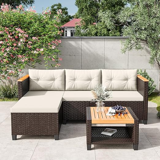 Small Patio Furniture Set - 3 Piece L-Shape Sectional Sofa with Storage Table