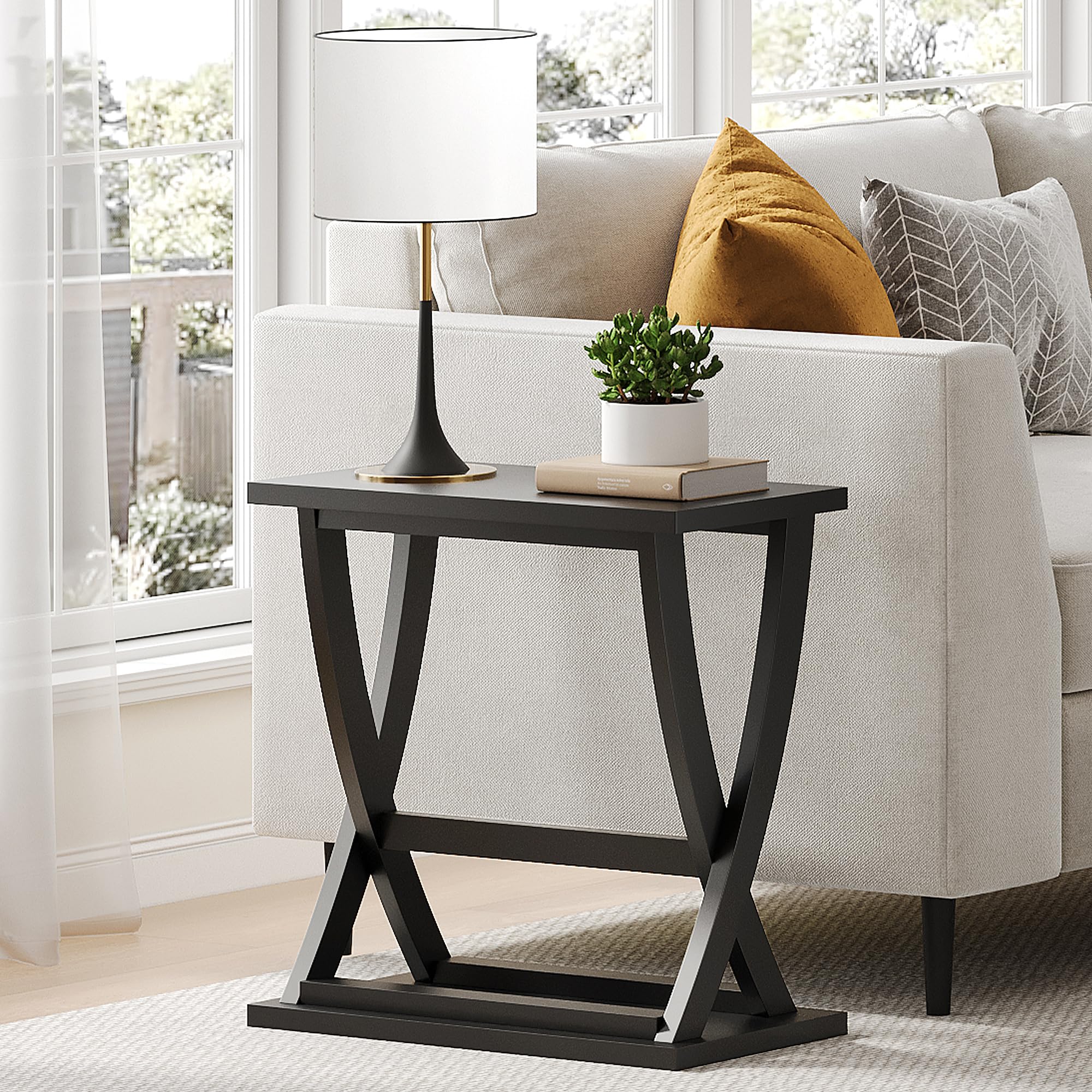 ChooChoo Black End Tables Set of 2, Narrow Side Table with Storage Shelf, Modern X-Design Slim Bedside Tables for Living Room, Bedroom, Small Spaces